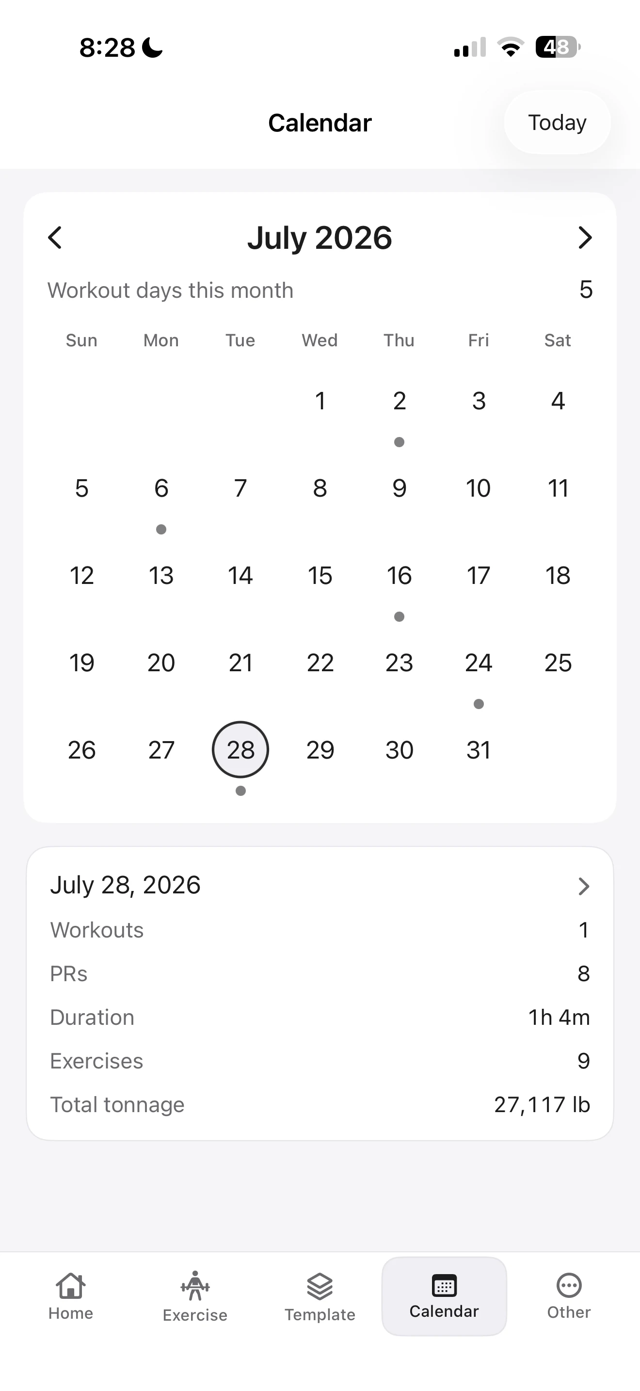 Fitness Karma calendar screen showing workout days and a completed-workout summary with workout count, personal records, duration, exercise count, and total training volume labeled “Total tonnage.”