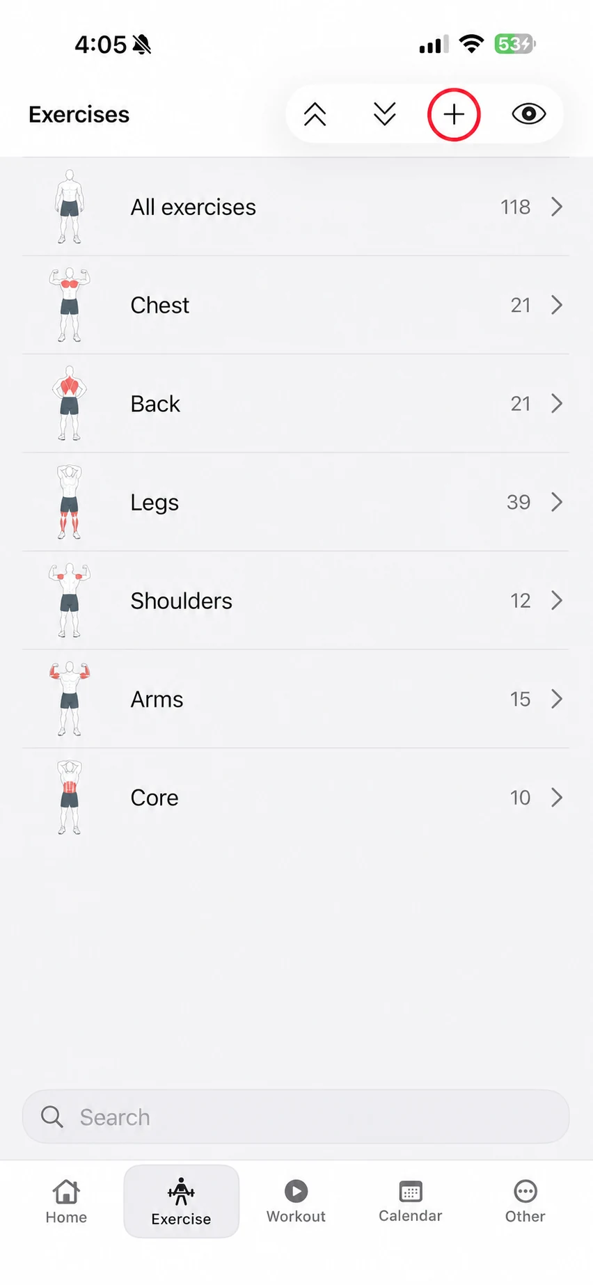 Fitness Karma Exercise library screen with a plus button in the top toolbar.