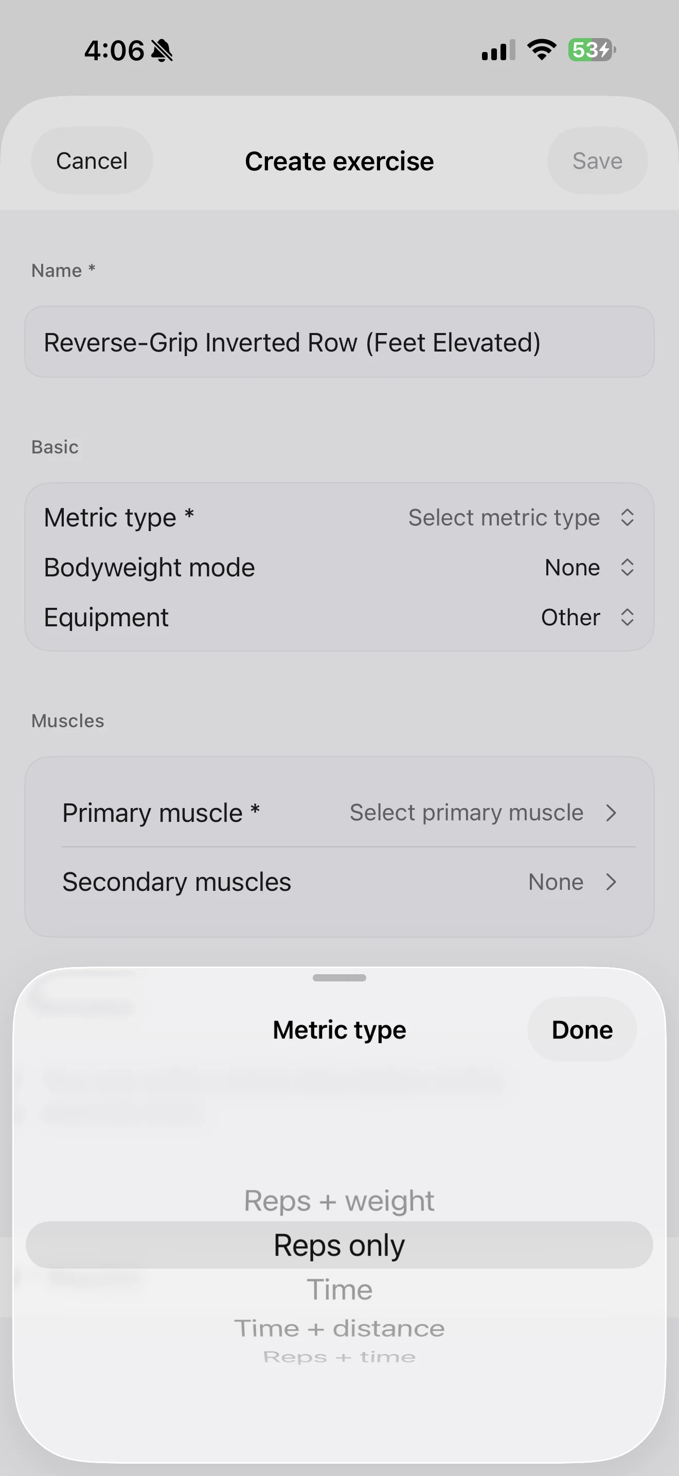 Create exercise screen for Reverse-Grip Inverted Row with the Metric type picker open and Reps only selected among five available metric types.