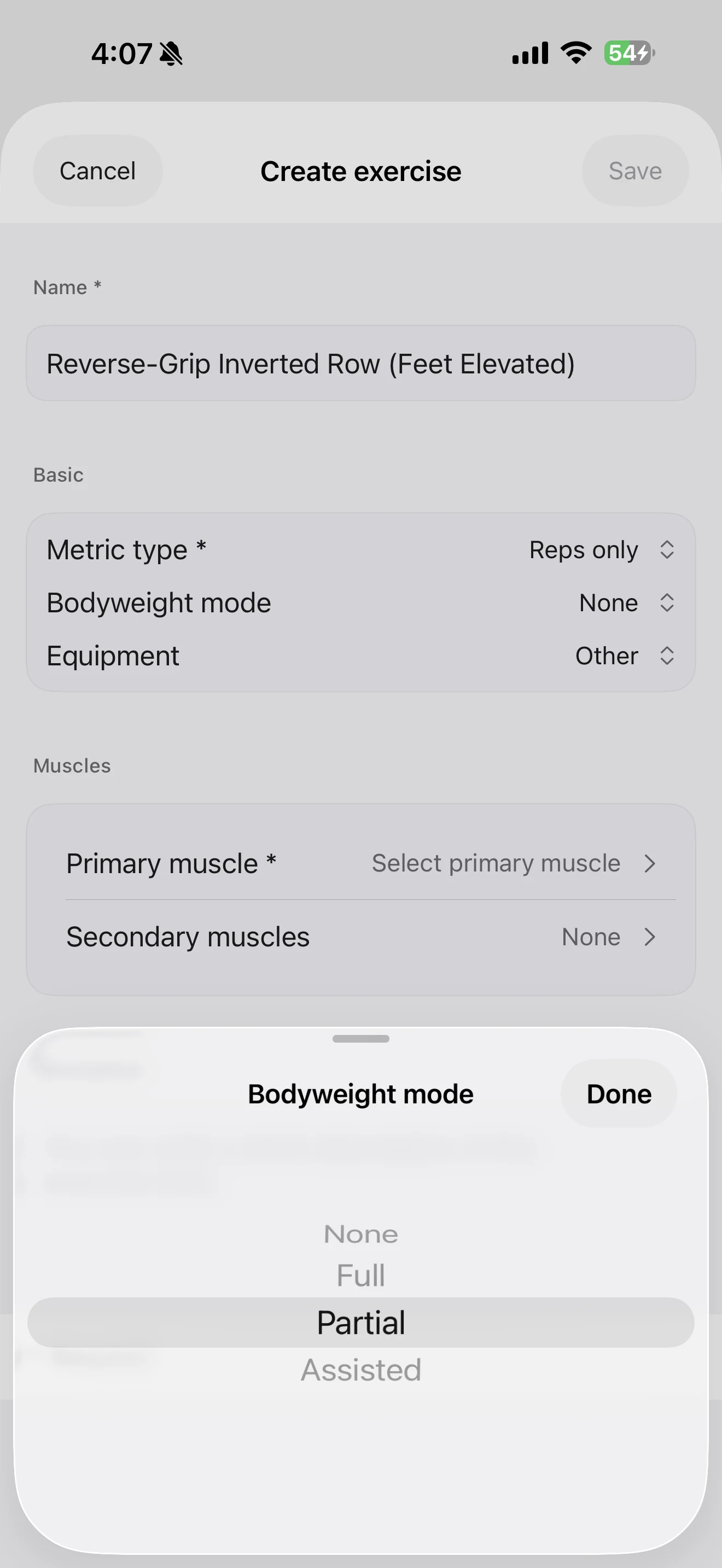Bodyweight mode picker for a Reps only custom exercise showing None, Full, Partial, and Assisted, with Partial selected.