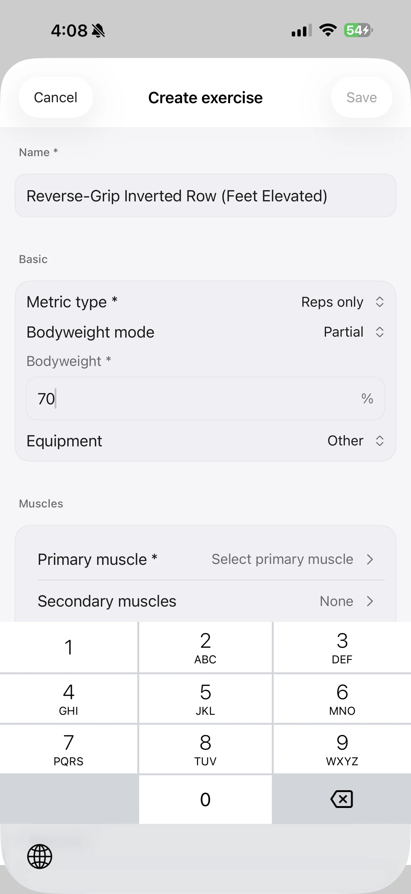 Create exercise screen with Partial bodyweight mode selected and 70 being entered into the bodyweight percentage field with the numeric keyboard visible.