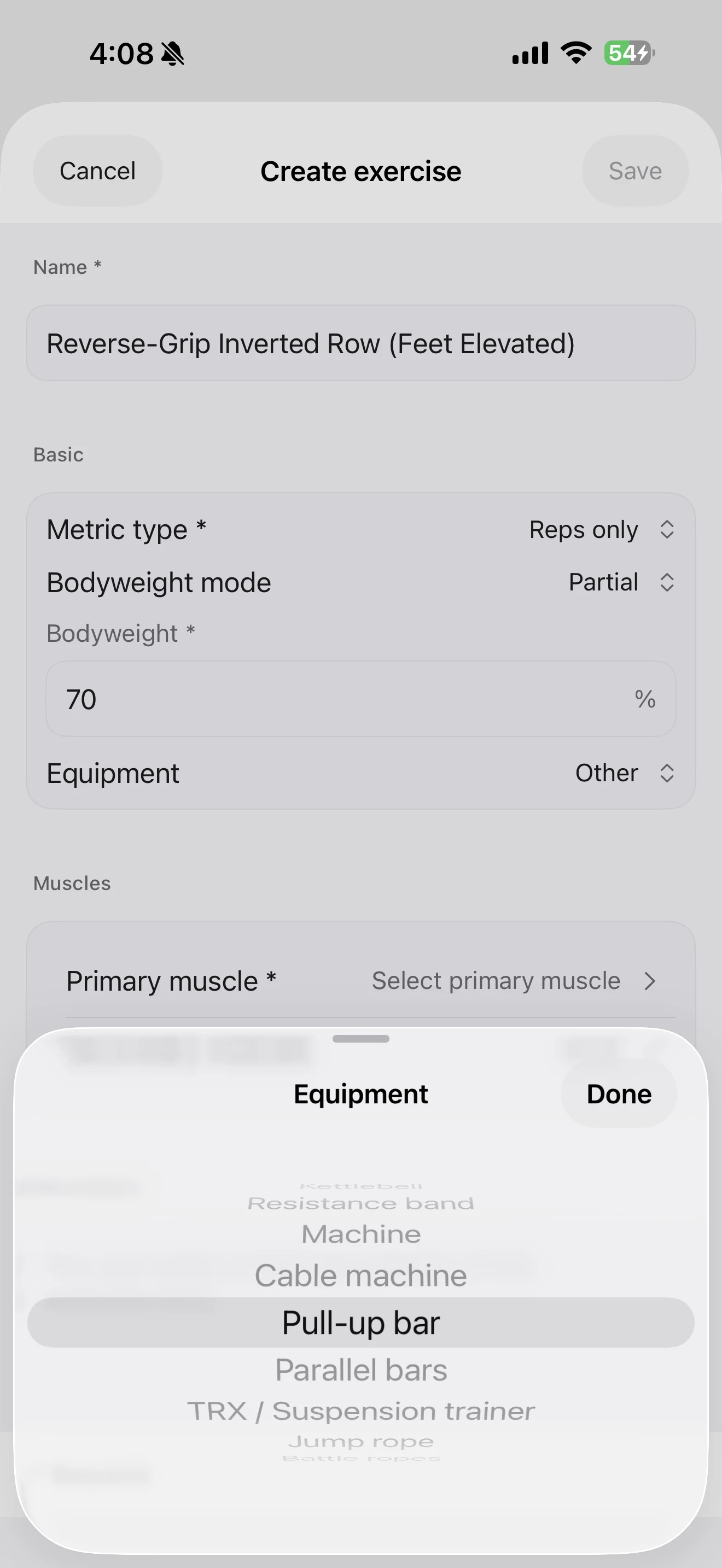 Equipment picker on the custom exercise screen with Pull-up bar selected; nearby choices include resistance band, machine, cable machine, parallel bars, and TRX or suspension trainer.