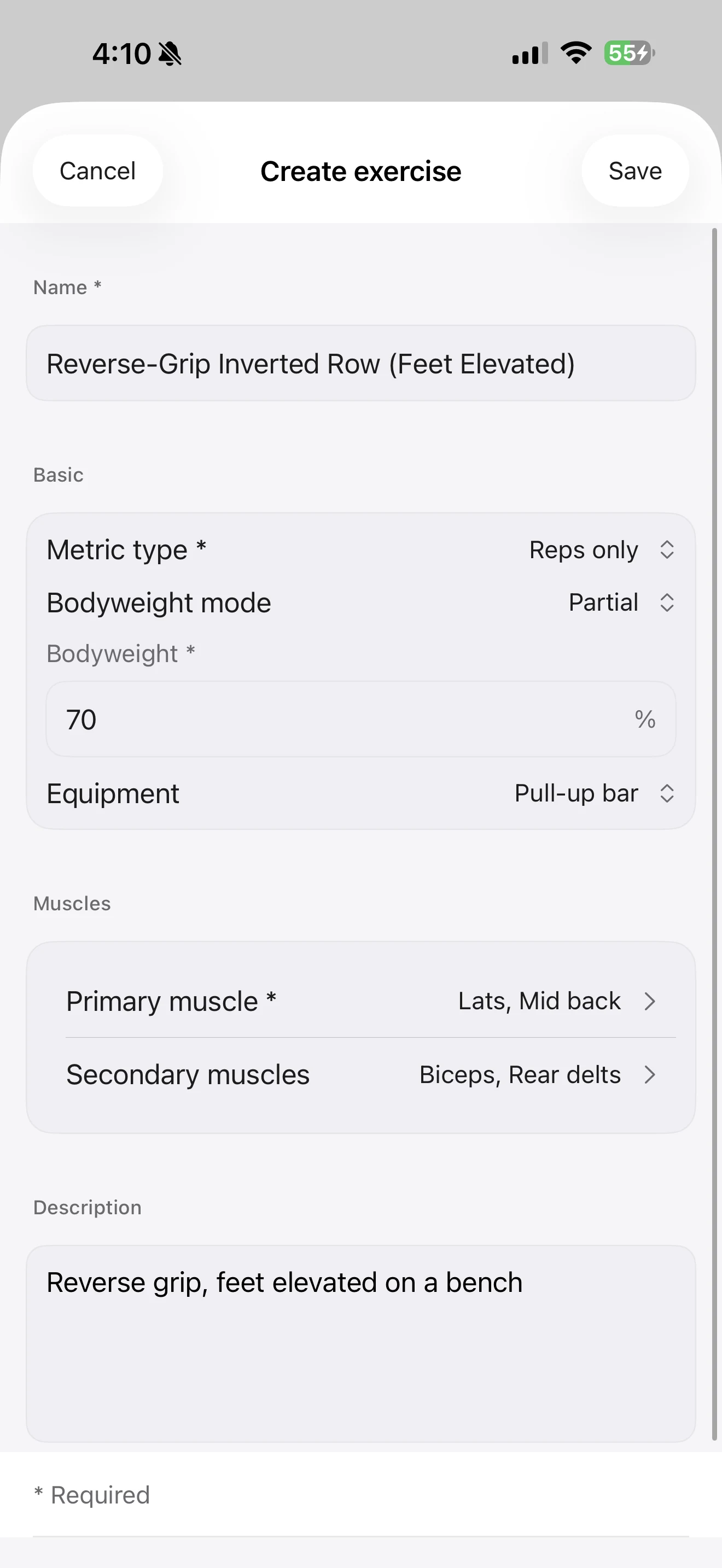 Completed custom exercise form for Reverse-Grip Inverted Row with Reps only, Partial bodyweight at 70 percent, Pull-up bar equipment, Lats and Mid back as primary muscles, Biceps and Rear delts as secondary muscles, and a description.
