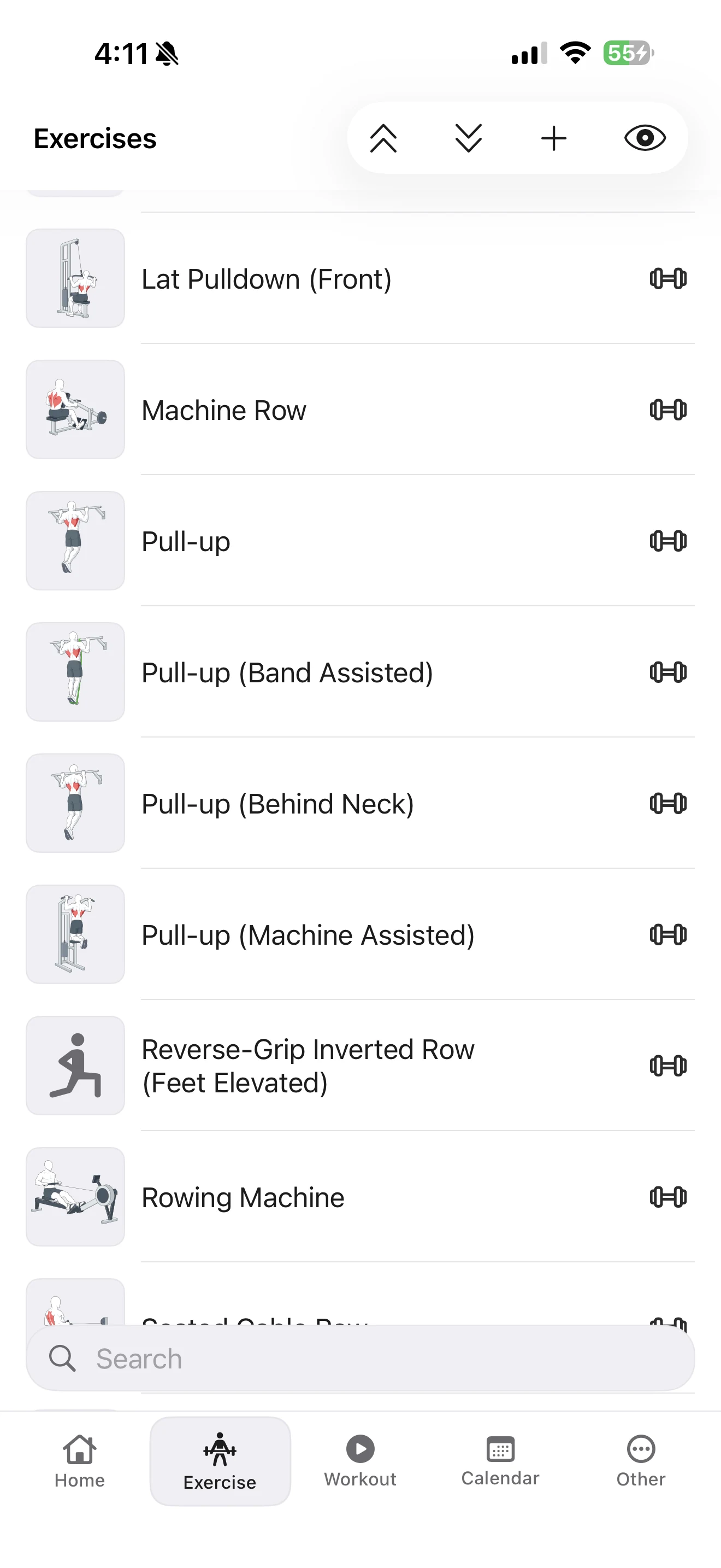 Fitness Karma Exercise library list showing Reverse-Grip Inverted Row (Feet Elevated) among other back exercises.
