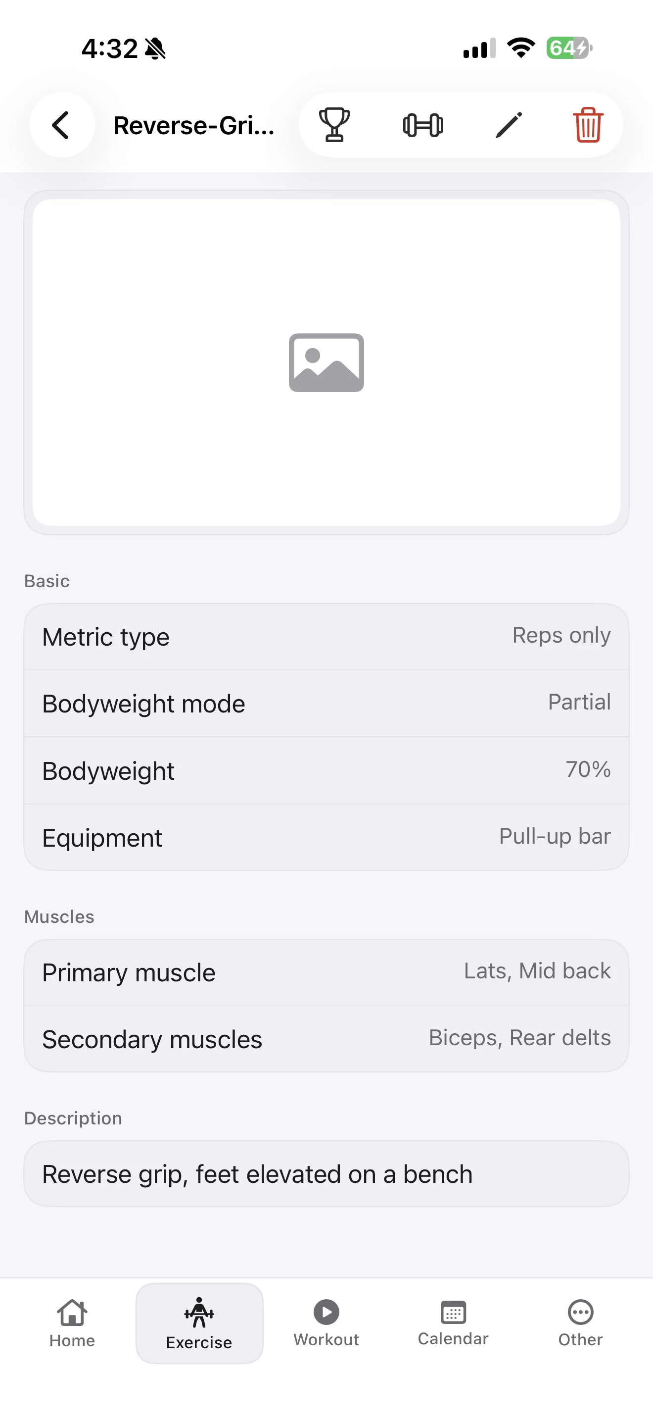 Custom exercise details screen in Fitness Karma with current metric, bodyweight mode, equipment, muscle fields, description, edit pencil, and red delete trash icon.