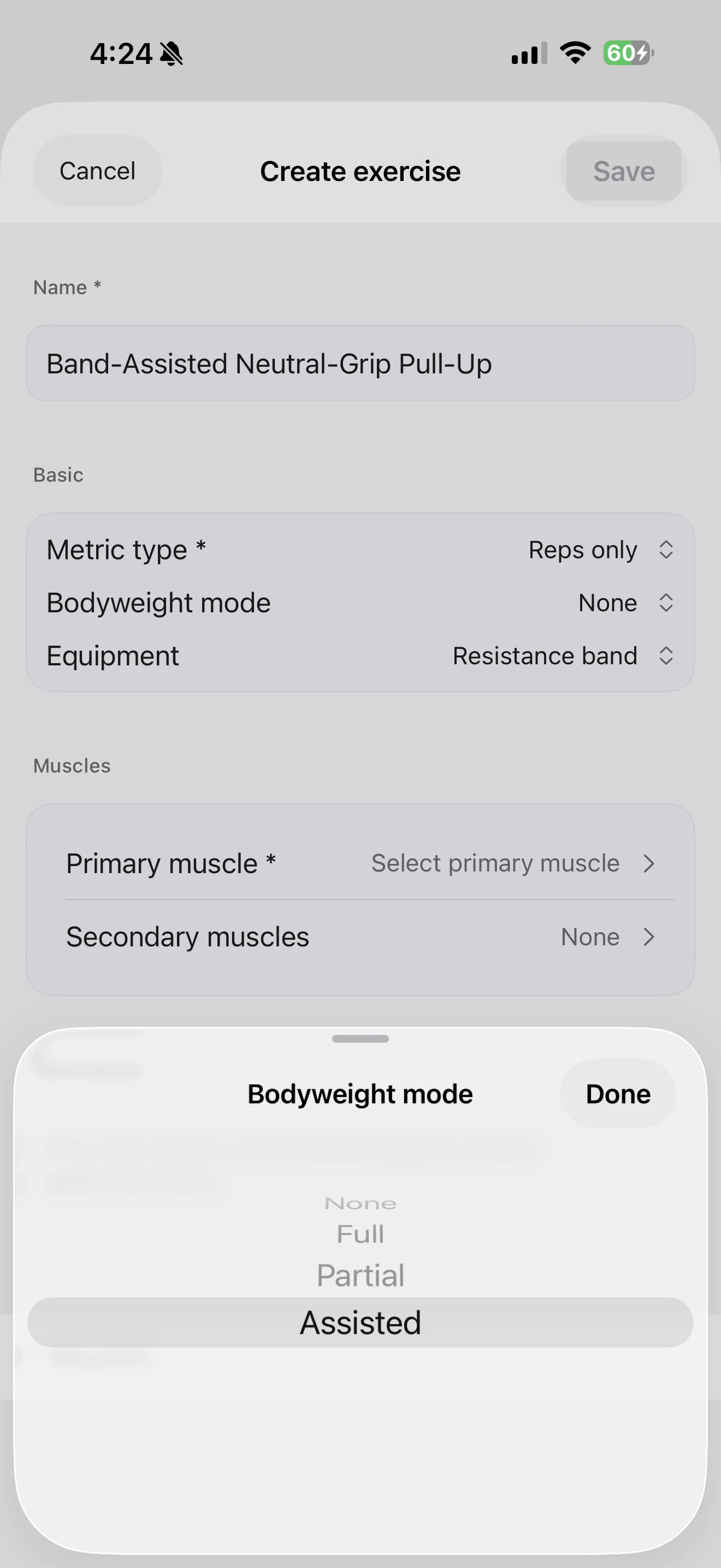 Custom exercise screen for Band-Assisted Neutral-Grip Pull-Up showing Reps only, resistance band equipment, and Assisted selected in Bodyweight mode.