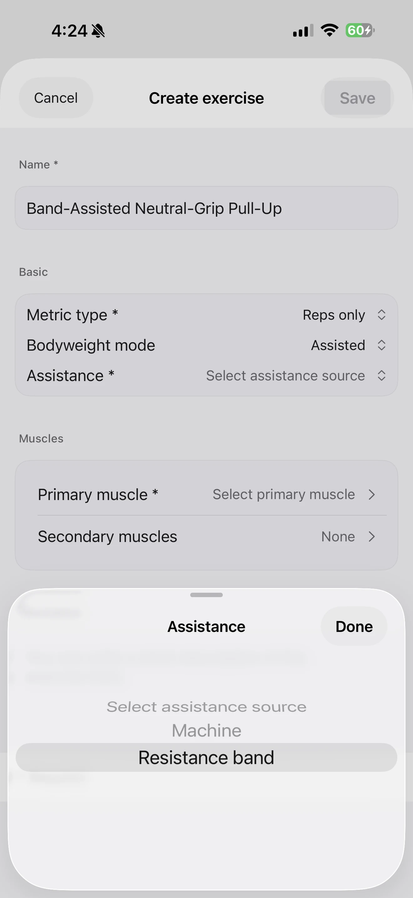 Custom exercise screen for Band-Assisted Neutral-Grip Pull-Up showing the Assistance picker with Machine and Resistance band options.