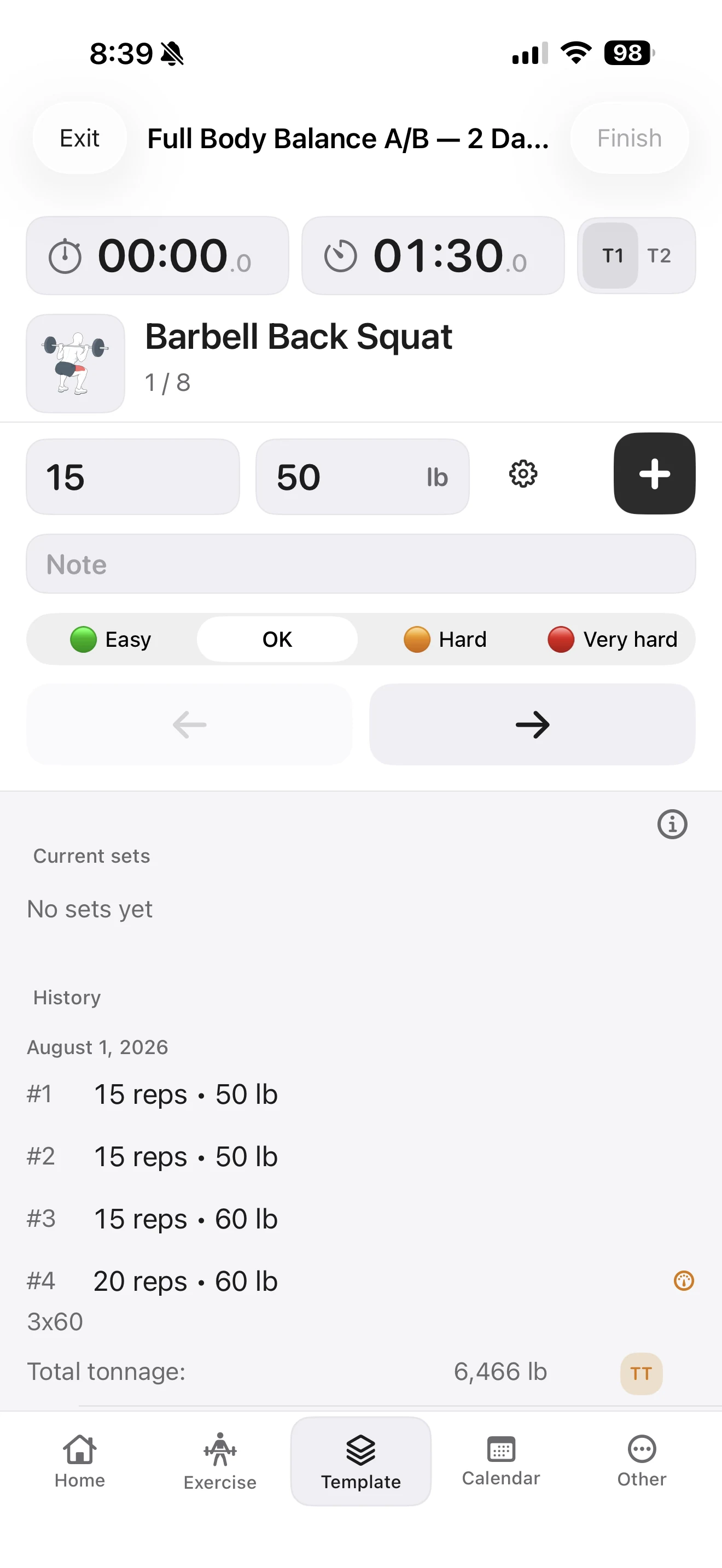 Fitness Karma active workout on Barbell Back Squat with 15 reps and 50 lb prefilled, no current sets yet, and matching prior sets shown in the History section.