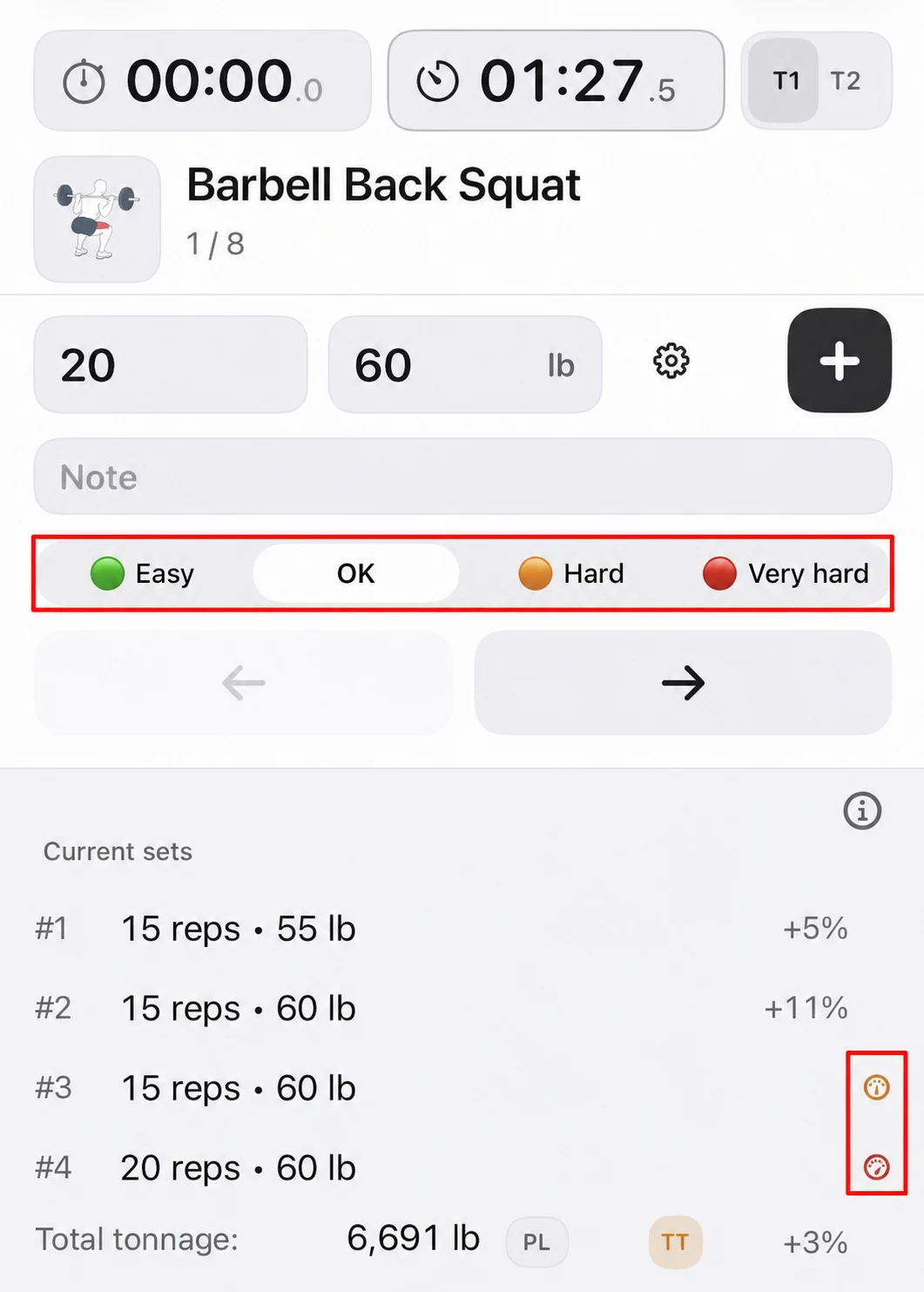 Fitness Karma active-workout screen with the Easy, OK, Hard, and Very hard difficulty selector and the orange and red difficulty indicators in Current sets highlighted in red.