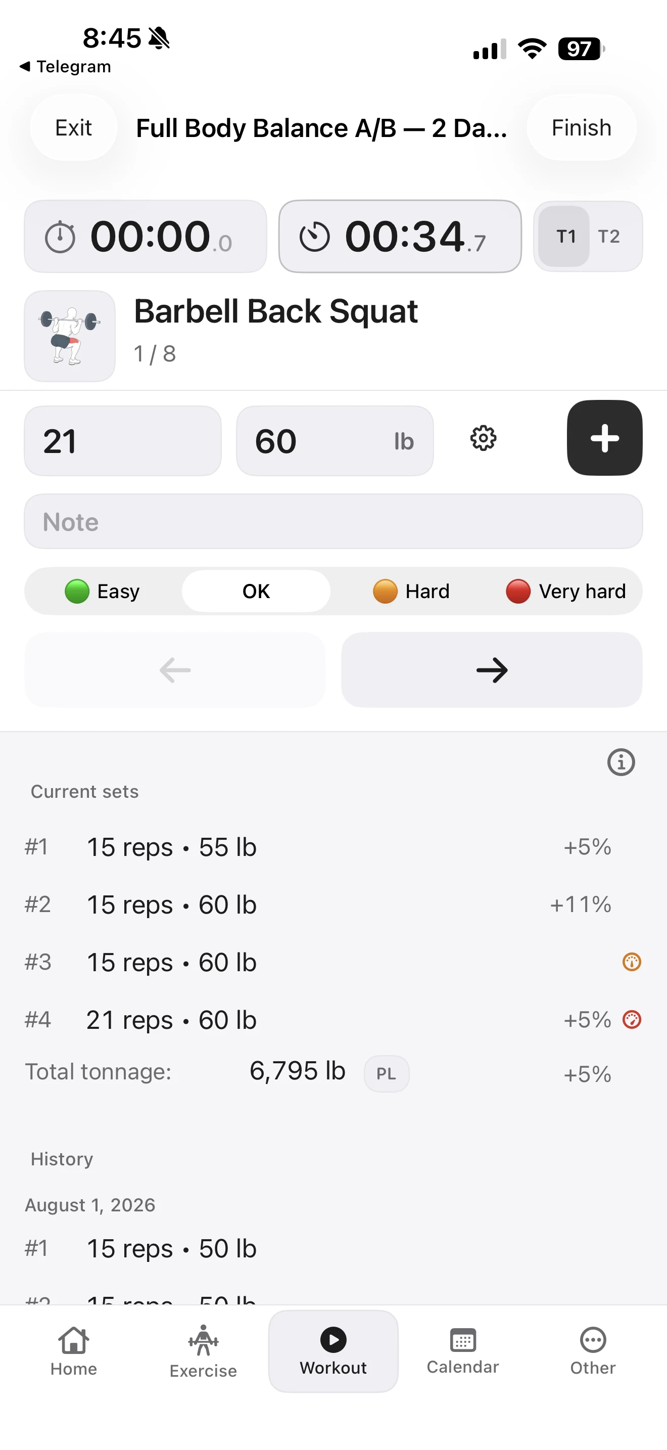 Fitness Karma active workout showing current sets of 15 reps at 55 lb, 15 reps at 60 lb, 15 reps at 60 lb, and a corrected fourth set of 21 reps at 60 lb, with the rest timer running.