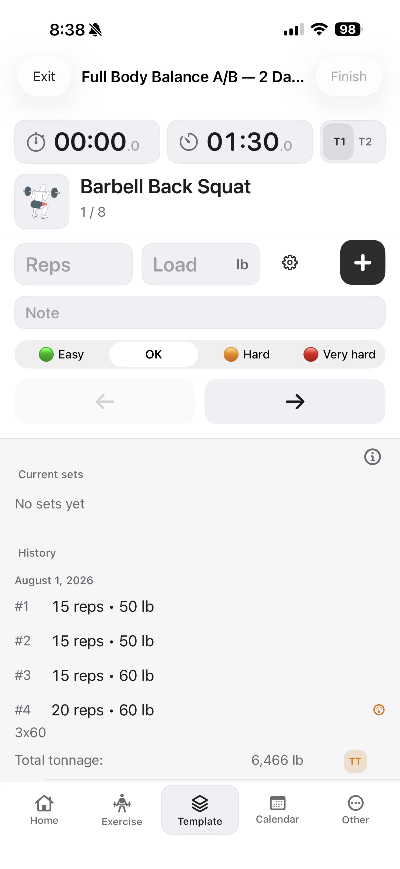 Fitness Karma active workout on Barbell Back Squat with no current sets yet and matching prior sets shown in the History section.
