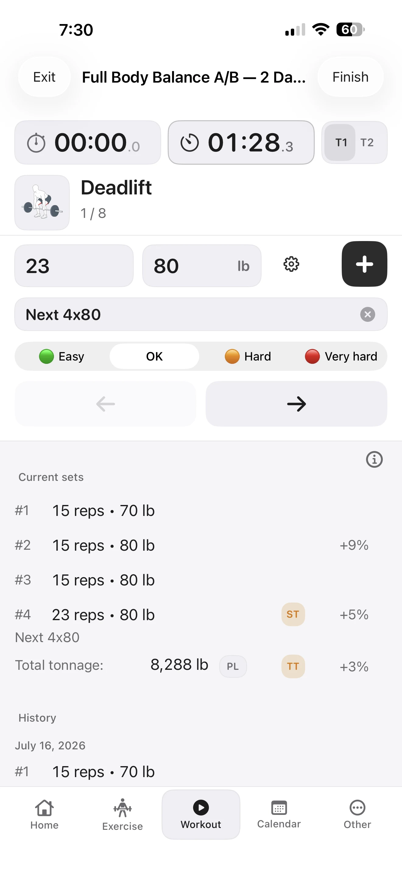 Fitness Karma active-workout screen for a deadlift, showing reps and weight entry, a rest timer, completed sets, a prior-workout reference, and difficulty choices.