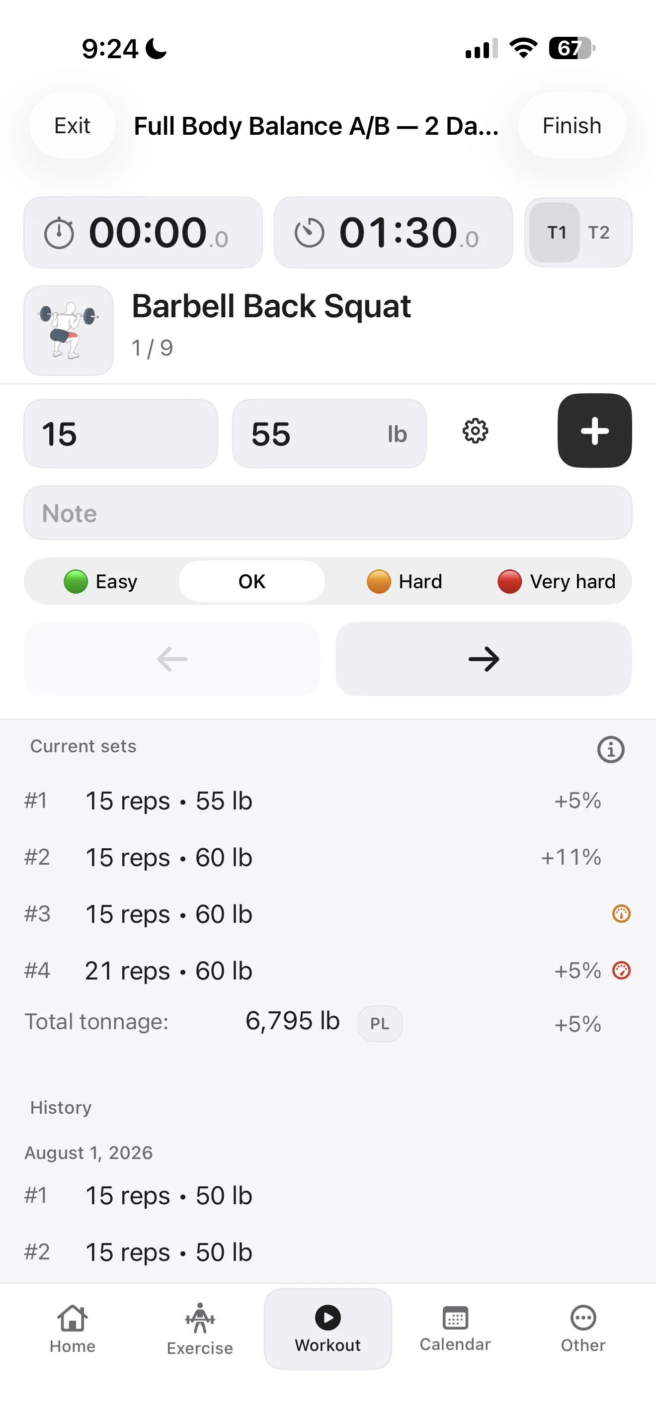 Fitness Karma active workout for Barbell Back Squat with current sets, percentage comparisons, total tonnage, and the August 1, 2026 history entry below.