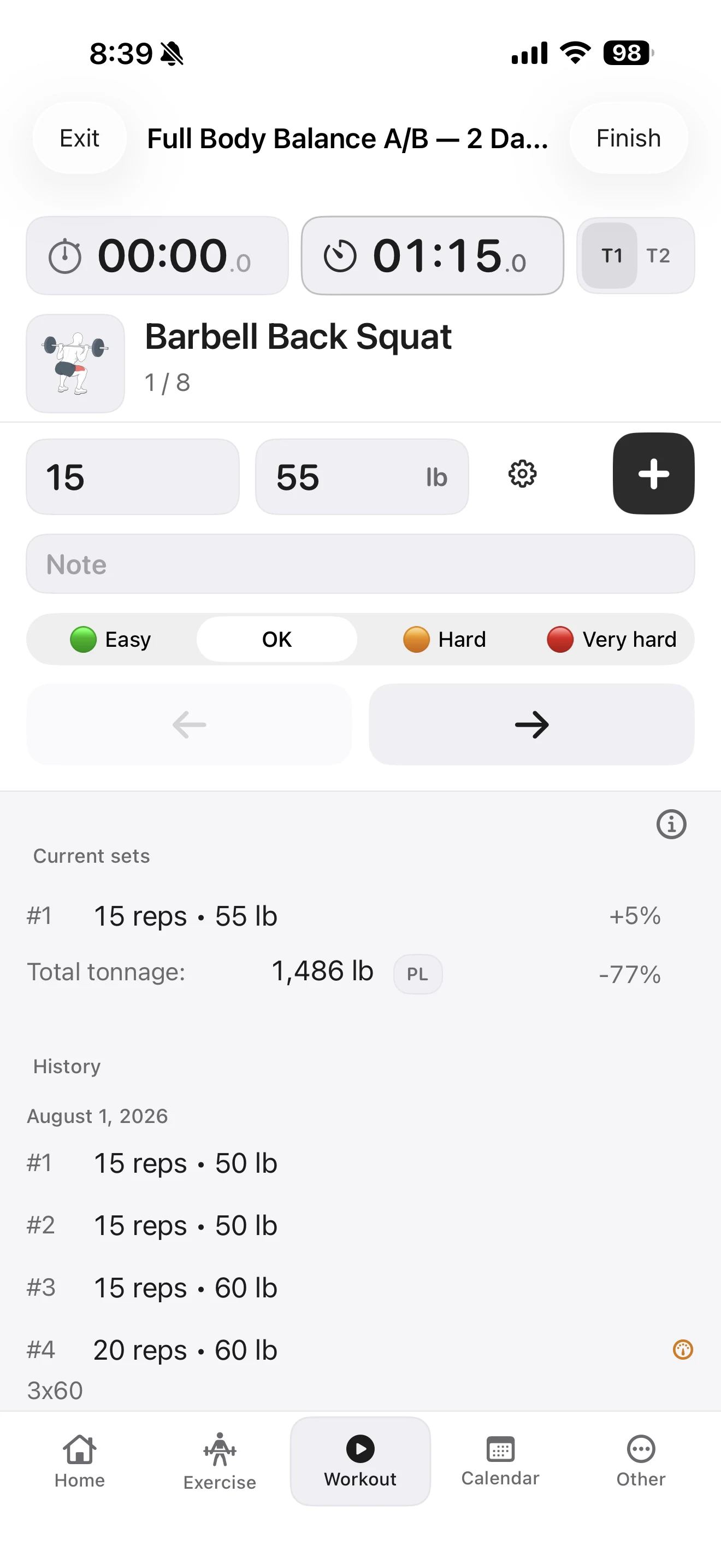 Fitness Karma active workout on Barbell Back Squat showing a newly recorded current set of 15 reps at 55 lb, a 1 minute 15 second rest timer, and the prior workout below.