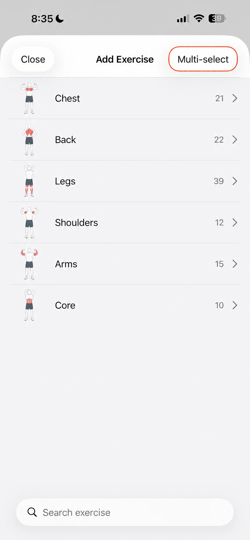 Fitness Karma Add Exercise picker organized by muscle group with a Multi-select control.