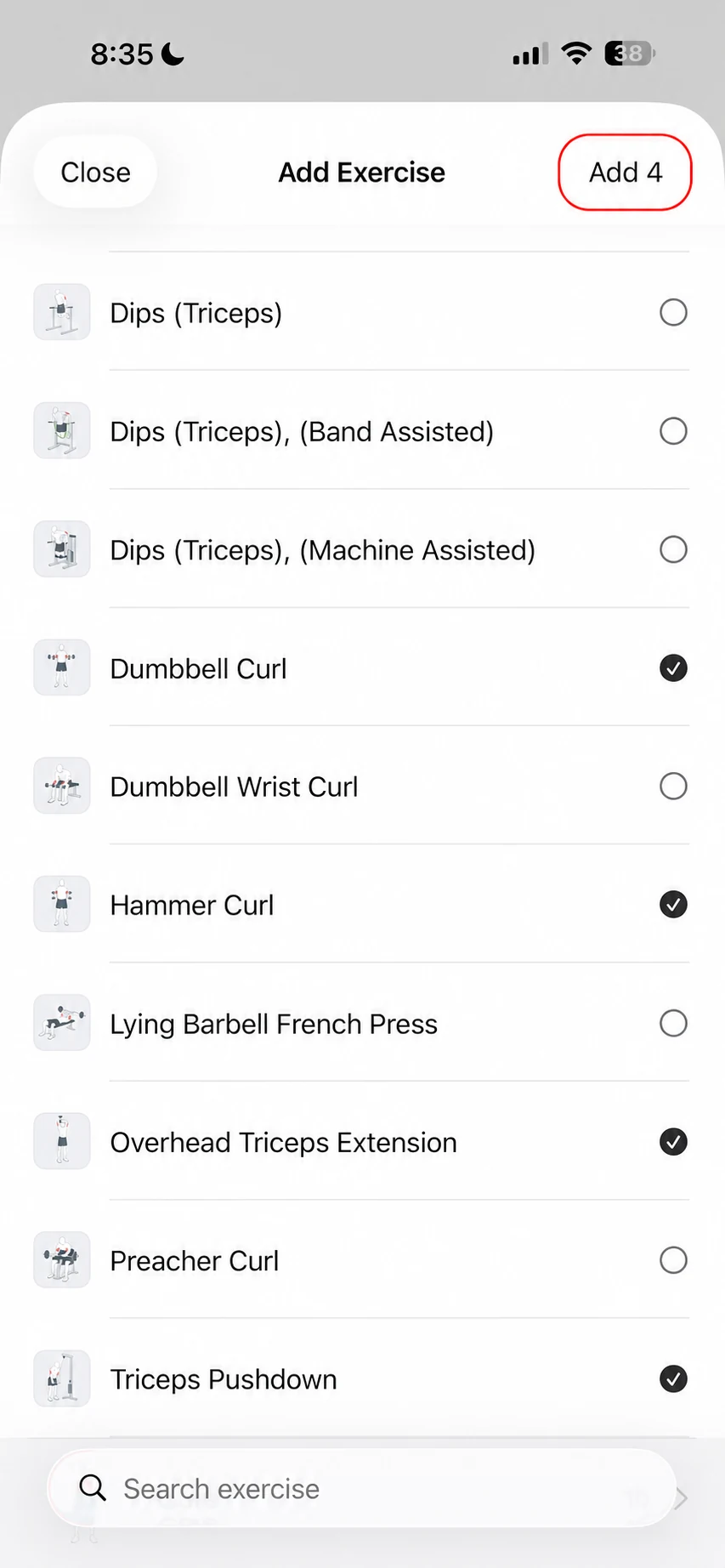 Exercise selection screen with Dumbbell Curl, Hammer Curl, Overhead Triceps Extension, and Triceps Pushdown selected and an Add 4 button.