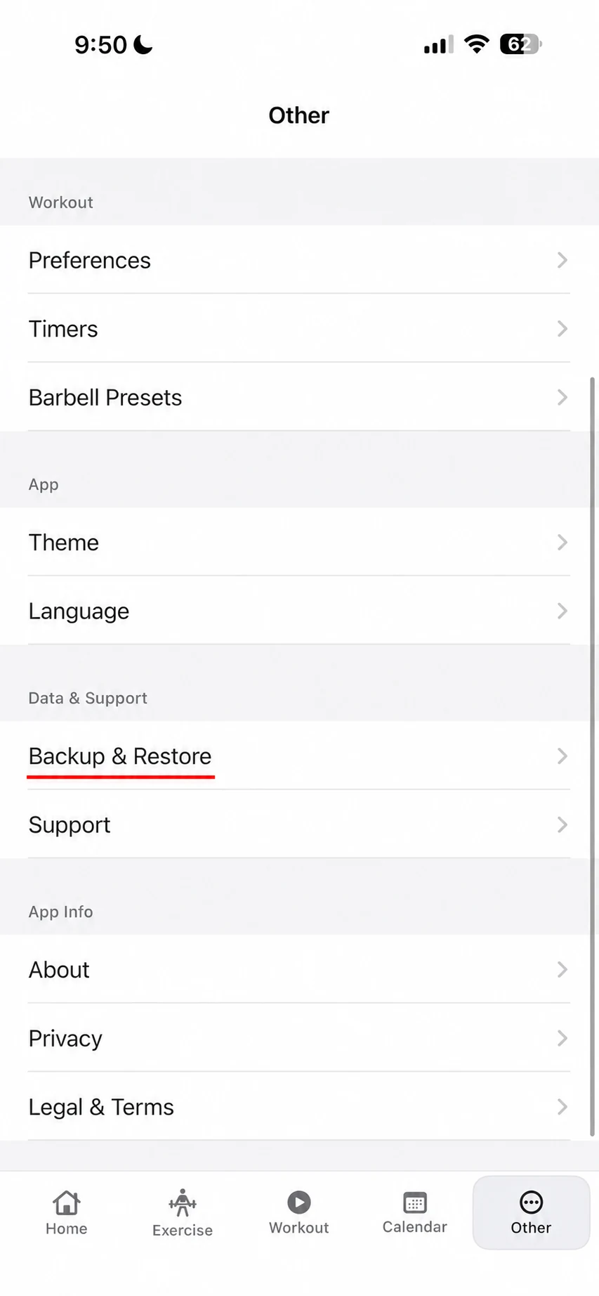 Fitness Karma Other settings screen with the Backup & Restore option underlined.