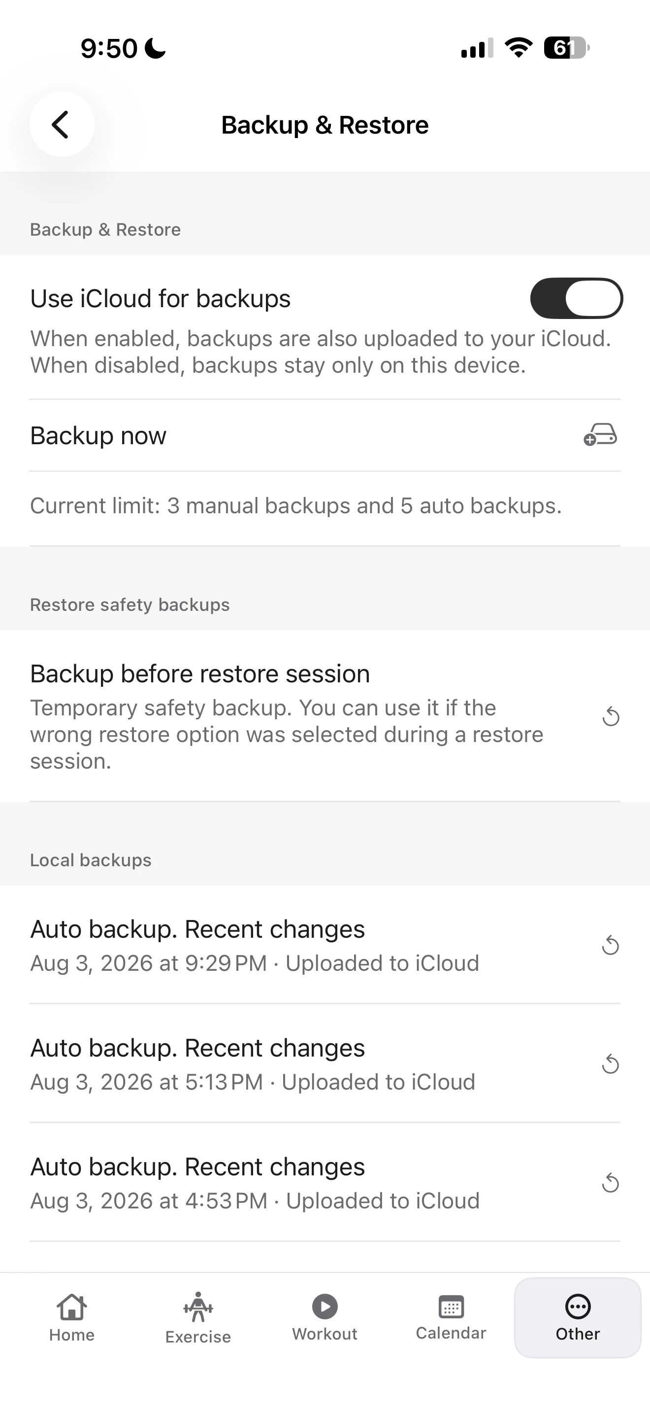 Fitness Karma Backup & Restore screen showing the iCloud option, Backup now button, retention limits, safety backup section, and dated local backups.