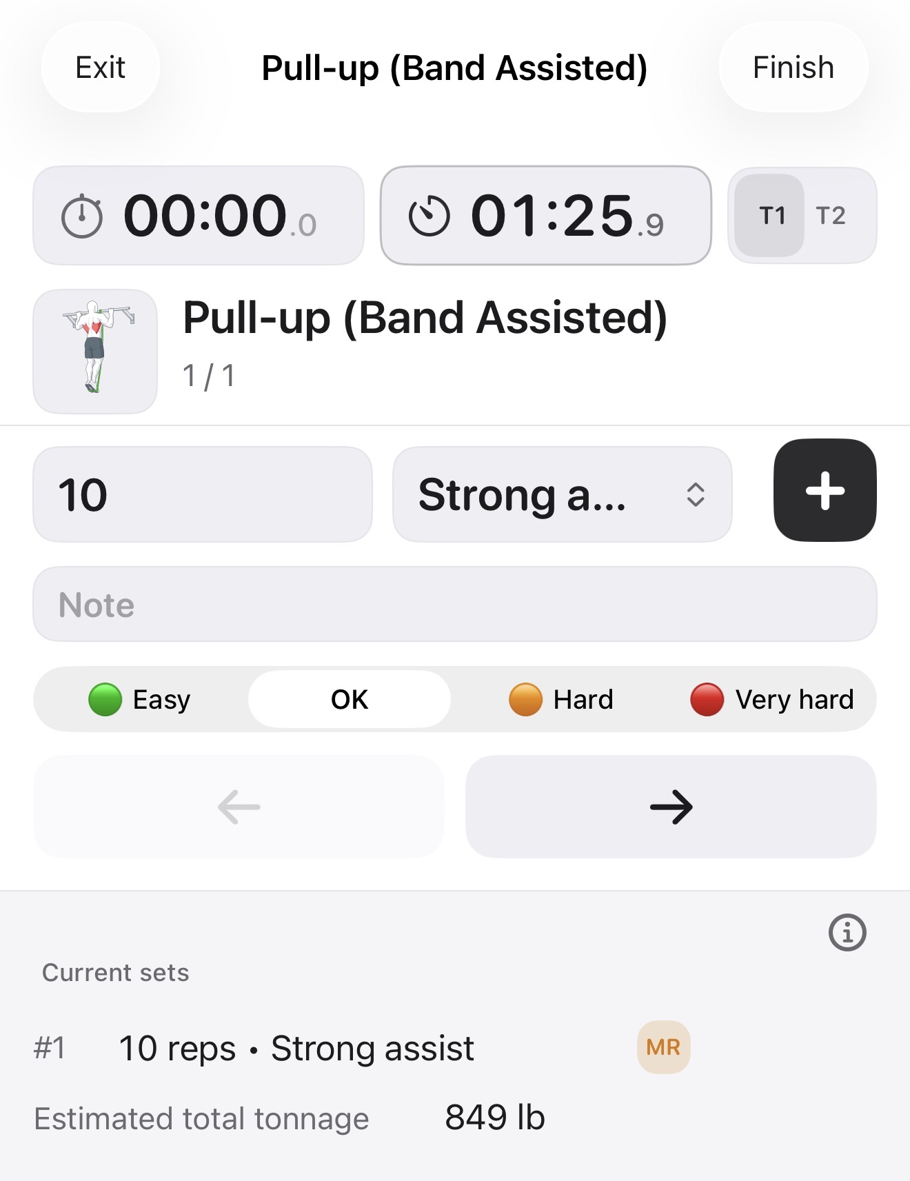 Fitness Karma active-workout screen for a band-assisted pull-up or dip, showing the selected band-assistance setting and a logged assisted set.