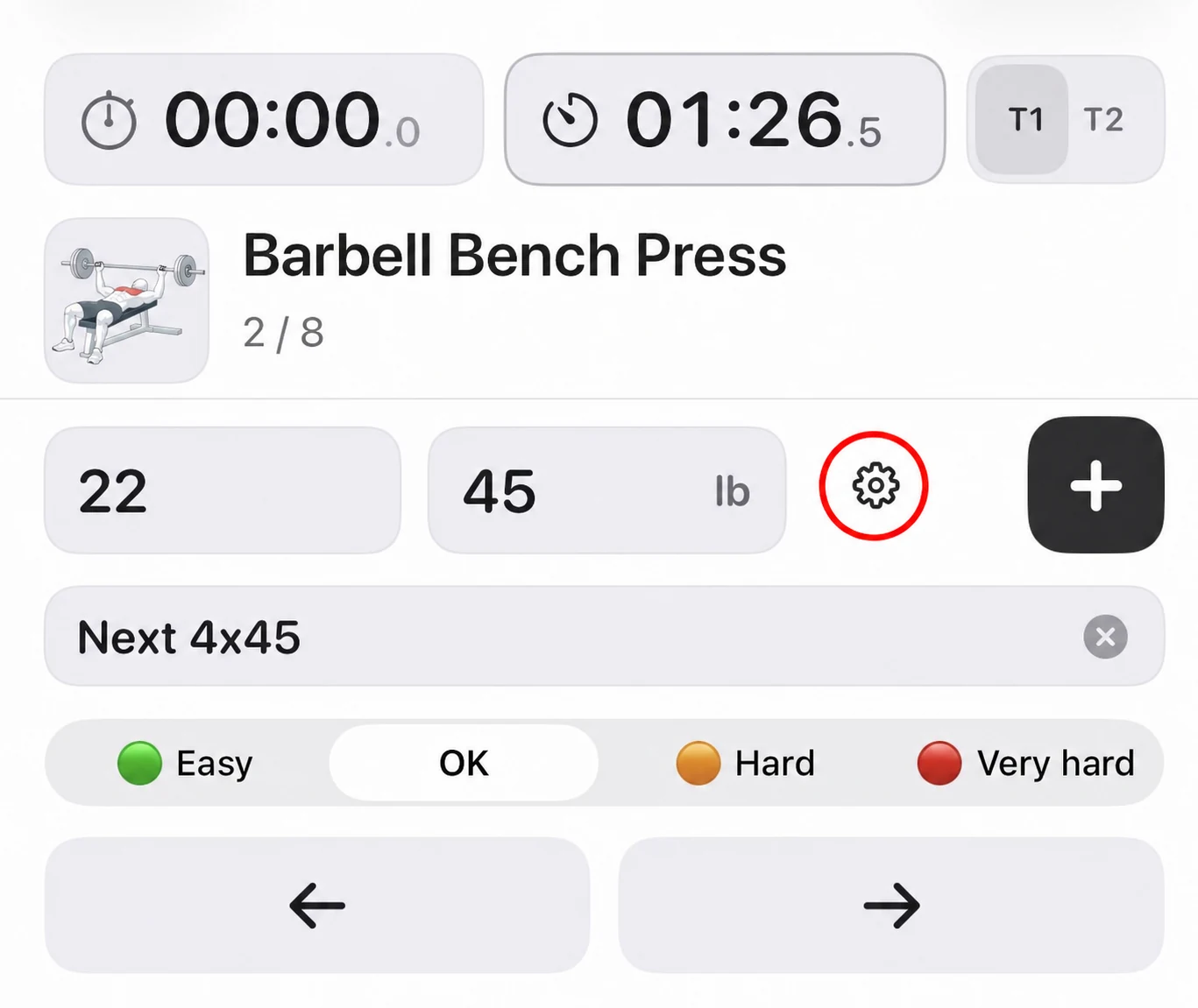 Fitness Karma Barbell Bench Press workout screen with a red circle around the gear beside the 45 lb weight field.