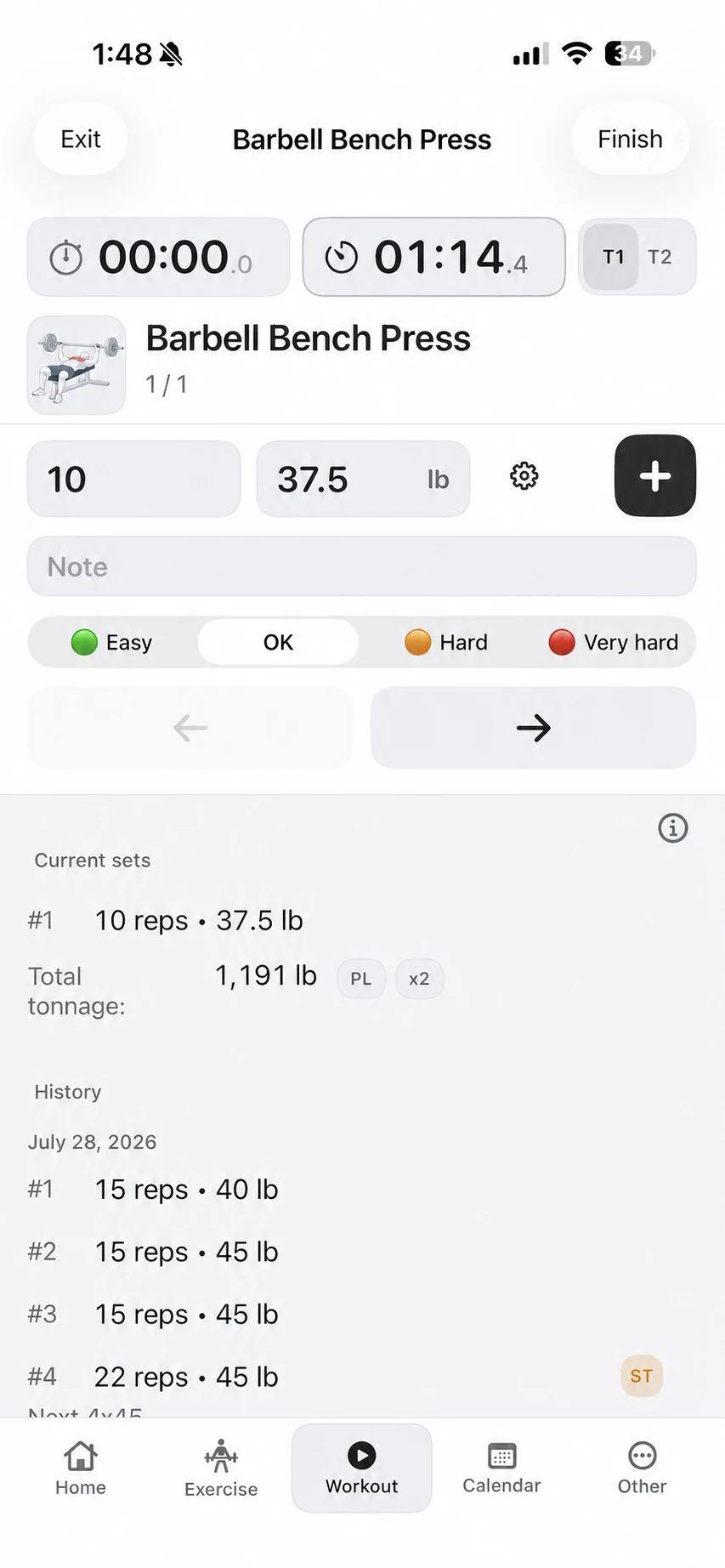 Fitness Karma Barbell Bench Press workout screen showing 10 repetitions at 37.5 lb, with Plates only and x2 indicators beside the calculated set total.