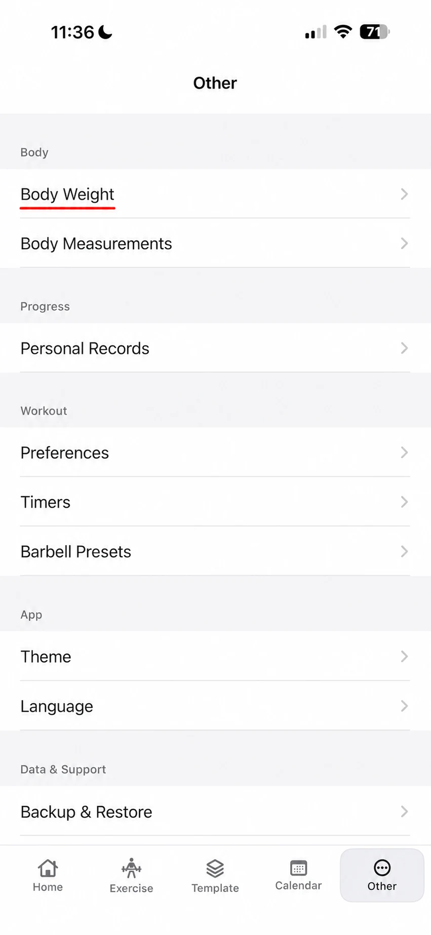 Fitness Karma Other tab with Body Weight underlined in red under the Body section.