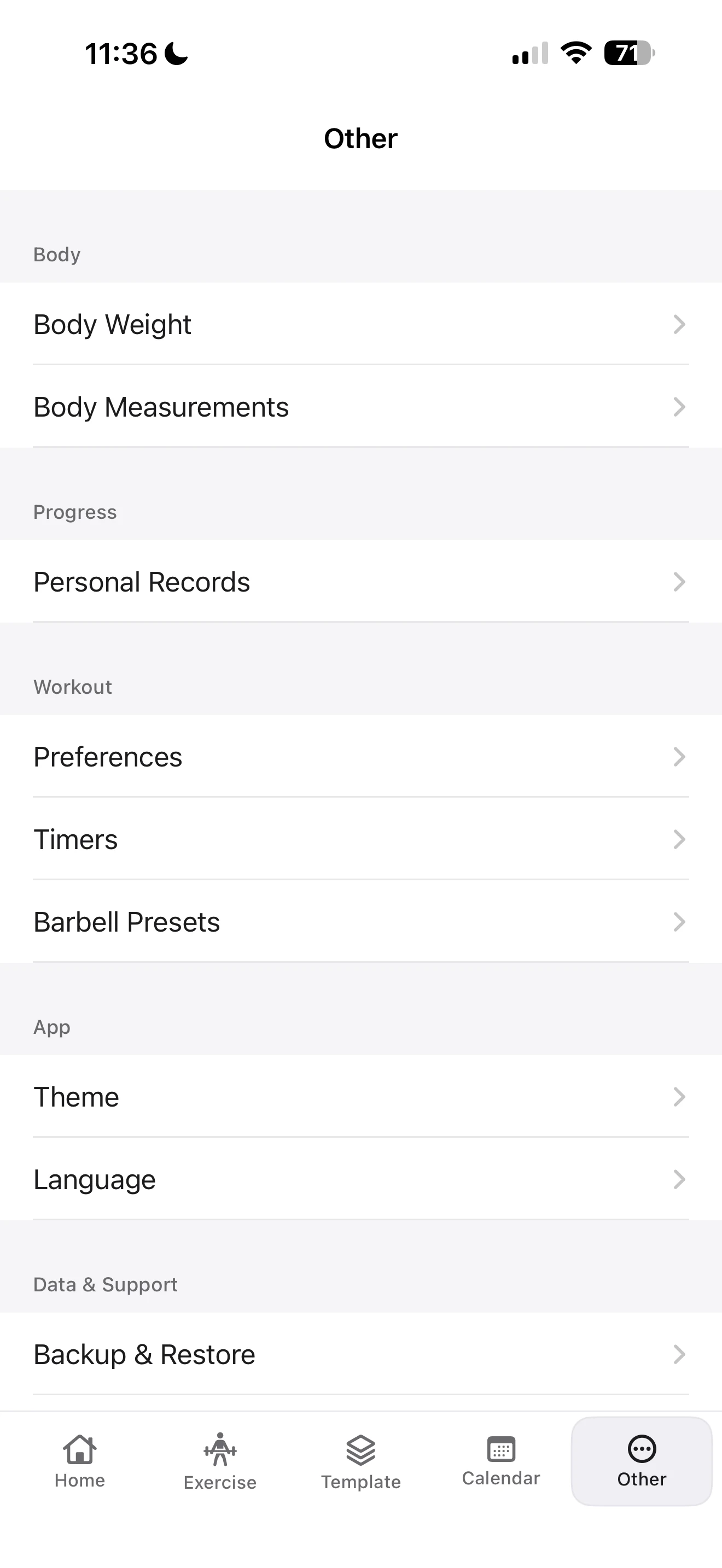 Fitness Karma Other tab showing the Body Weight option under the Body section.