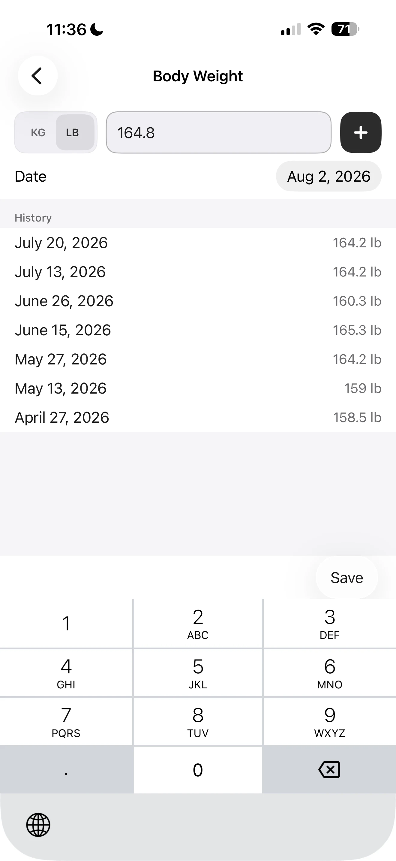 Fitness Karma bodyweight record screen showing a saved bodyweight value and the control used to add or update a bodyweight entry.