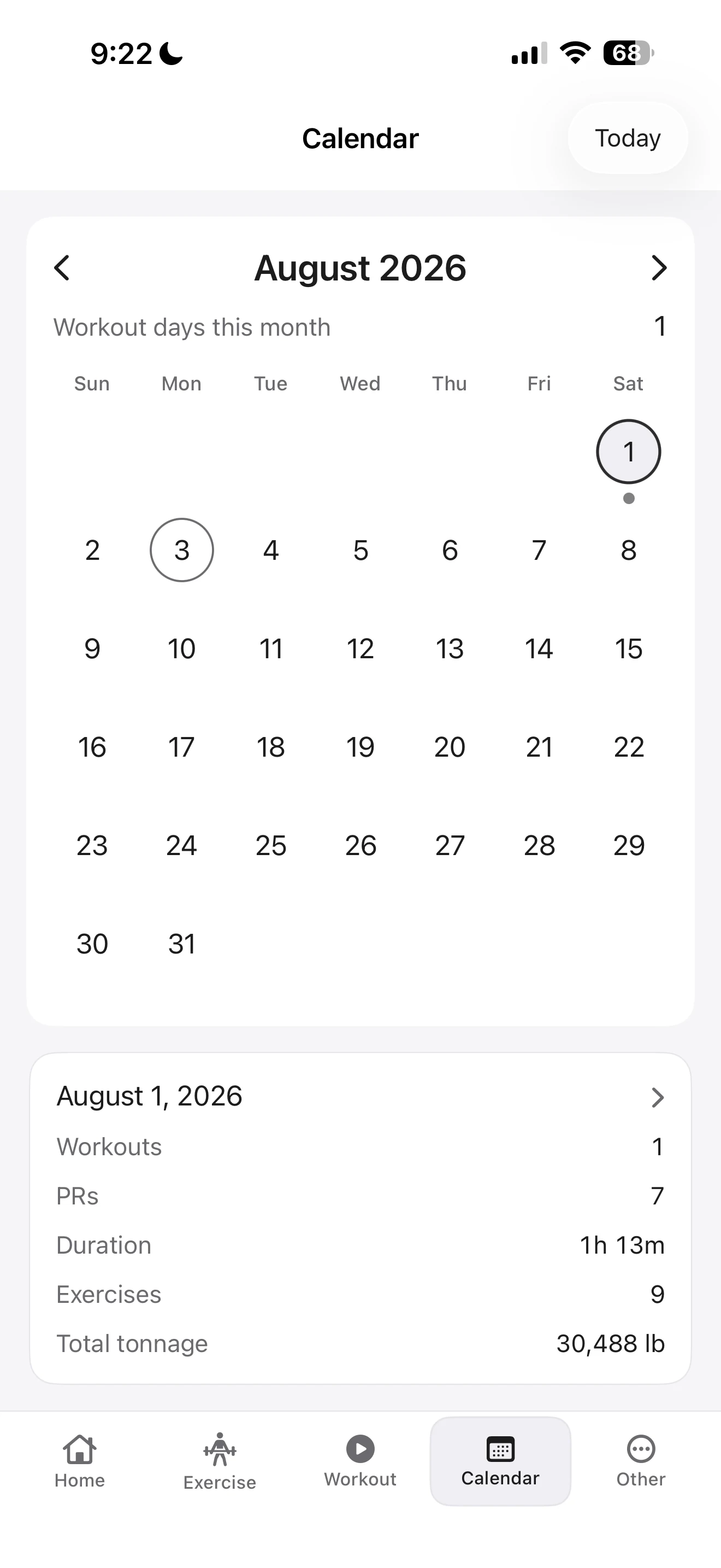 Fitness Karma Calendar for August 2026 with August 1 selected and a day summary showing one workout, seven PRs, one hour thirteen minutes duration, nine exercises, and 30,488 pounds of total tonnage.