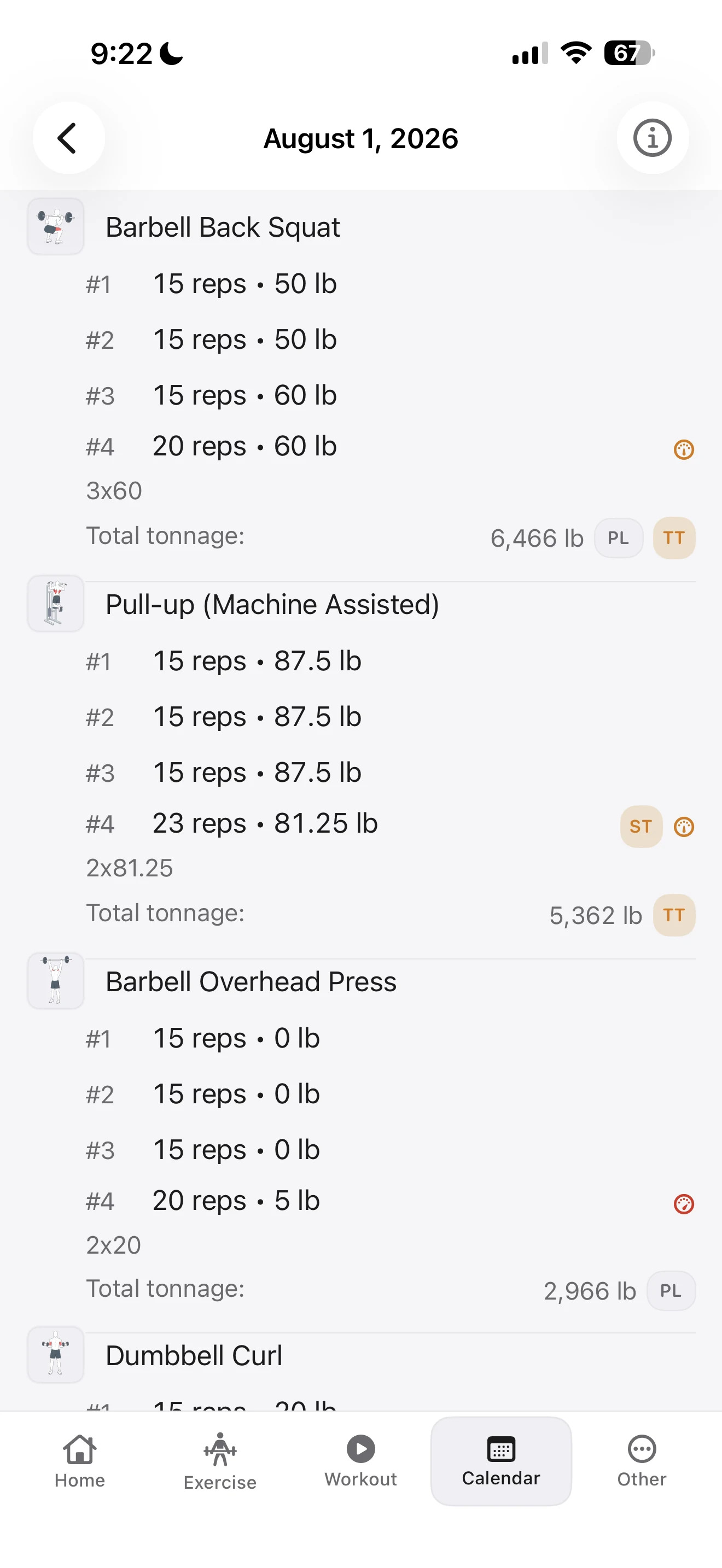 Fitness Karma workout history for August 1, 2026 showing Barbell Back Squat, Pull-up (Machine Assisted), and Barbell Overhead Press with logged sets, total tonnage, and record badges.