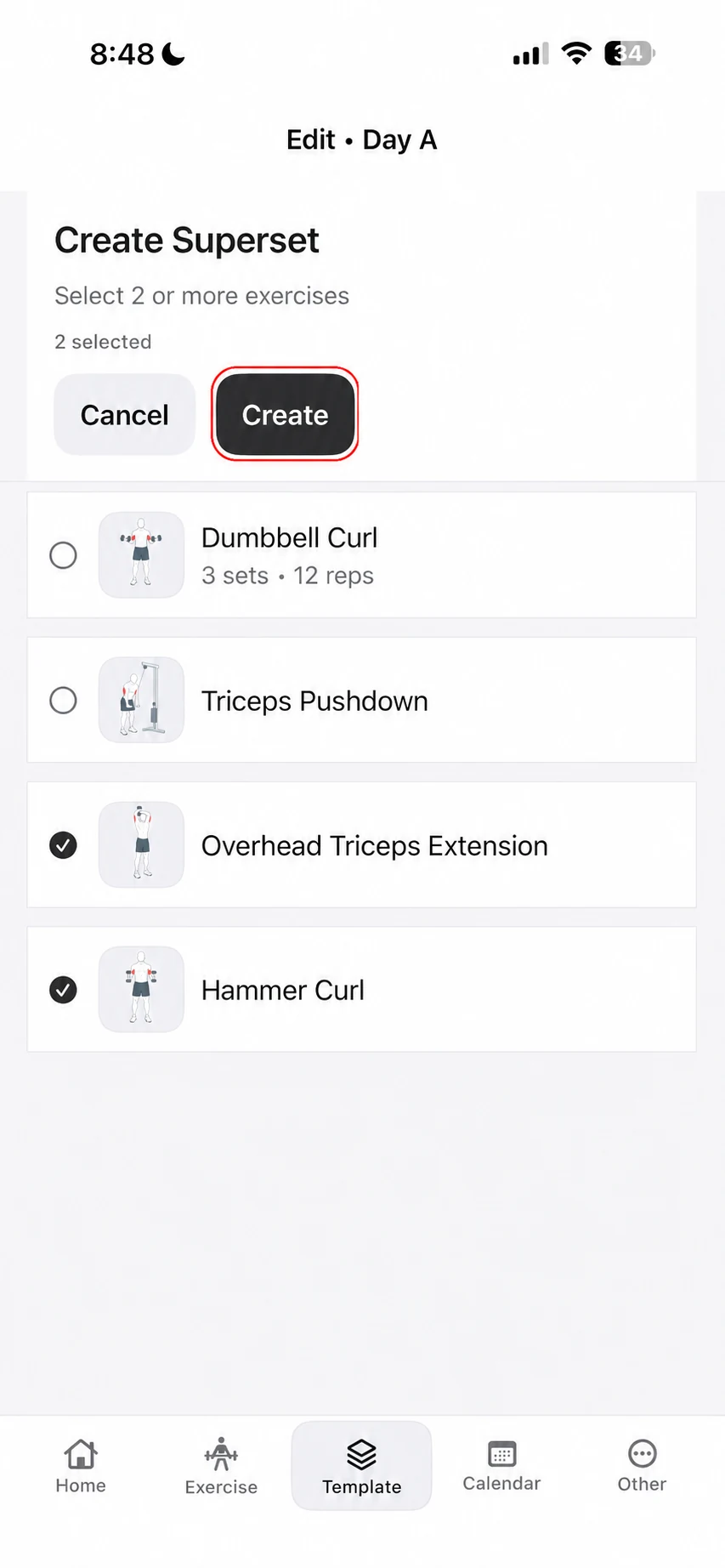 Create Superset screen in Fitness Karma with Hammer Curl and Overhead Triceps Extension selected and a Create button.