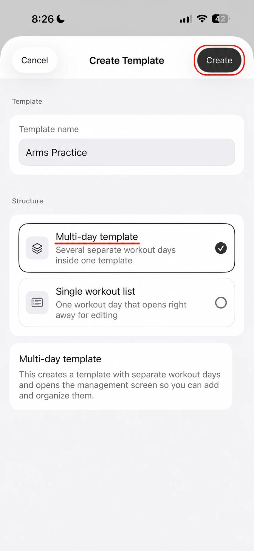 Create Template screen in Fitness Karma with the name Arms Practice, Multi-day template selected, and a Create button.