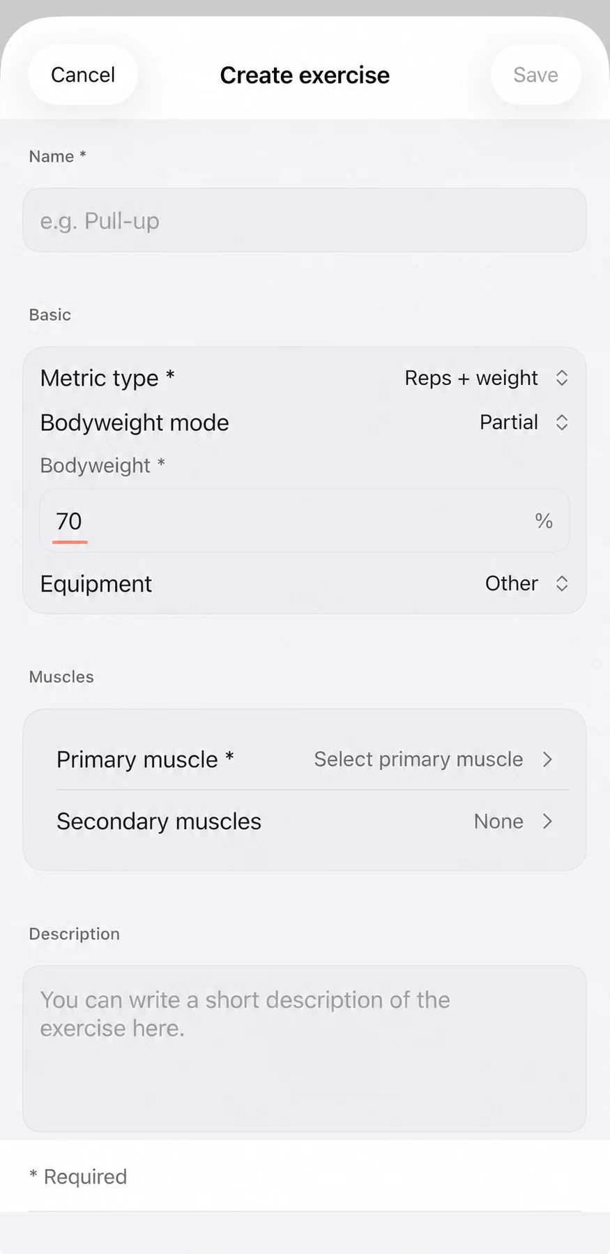 Fitness Karma custom-exercise setup screen showing the bodyweight-mode selector and either a partial-bodyweight percentage or assisted-equipment configuration.