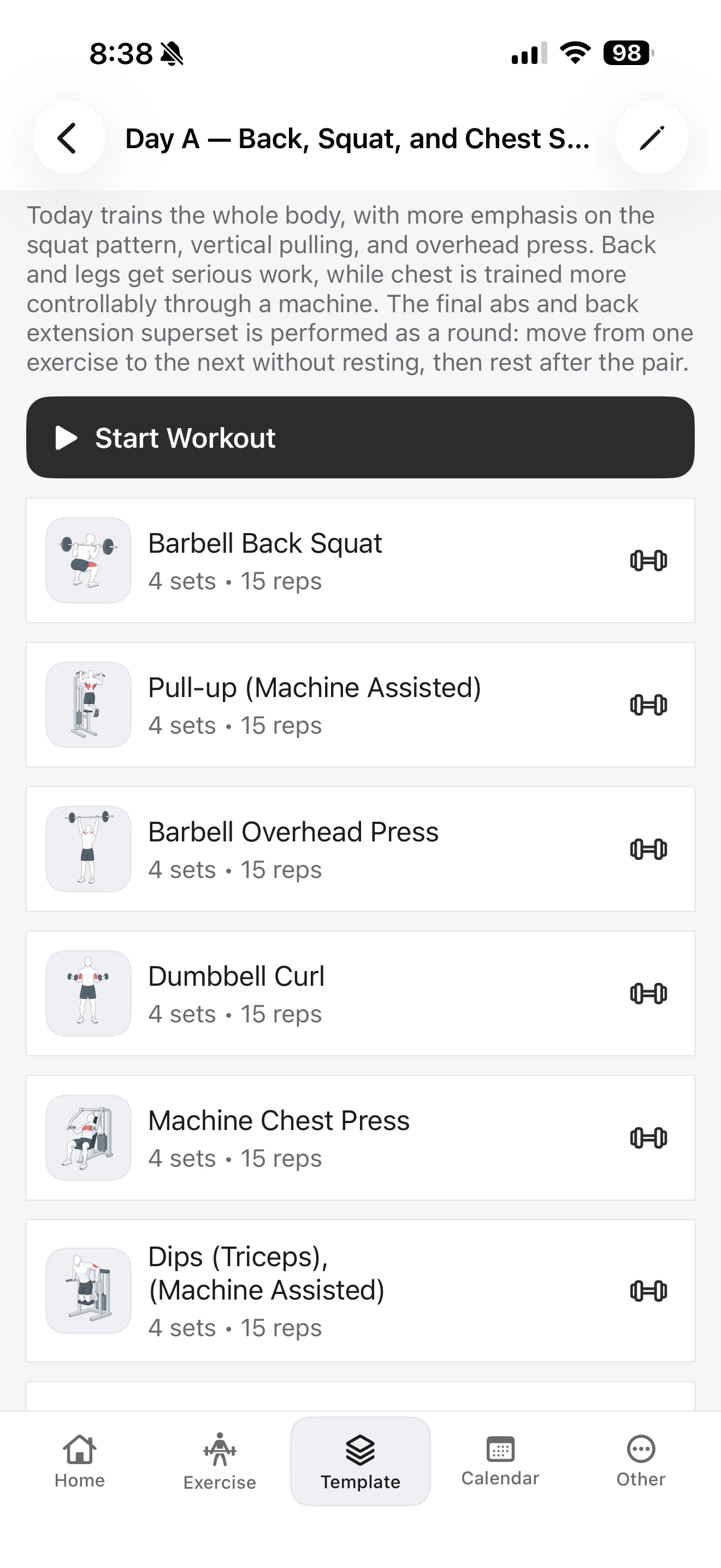 Fitness Karma workout-day screen for Day A showing the Start Workout button and its planned exercises, including Barbell Back Squat and Pull-up (Machine Assisted).