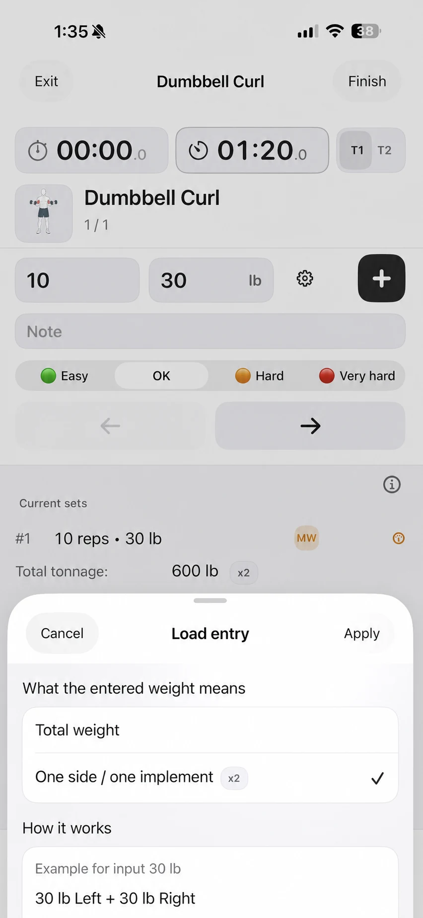 Fitness Karma Dumbbell Curl workout screen with a 30 lb entry, the One side / one implement option selected, and a set total marked with an x2 indicator.