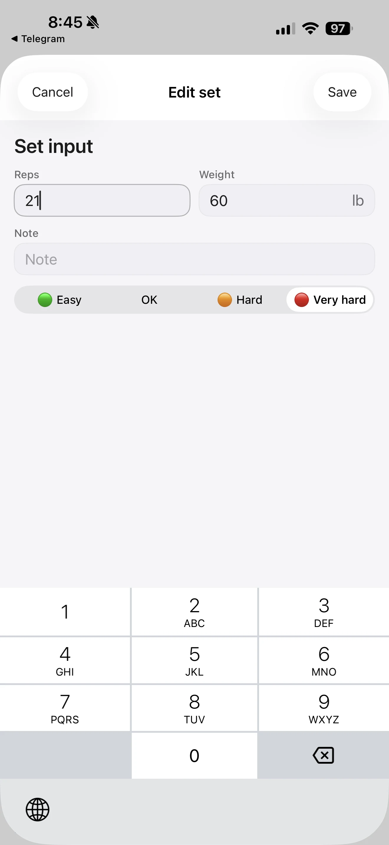 Fitness Karma Edit set screen with 21 reps and 60 lb entered, a Note field, and Very hard selected from the Easy, OK, Hard, and Very hard difficulty labels.