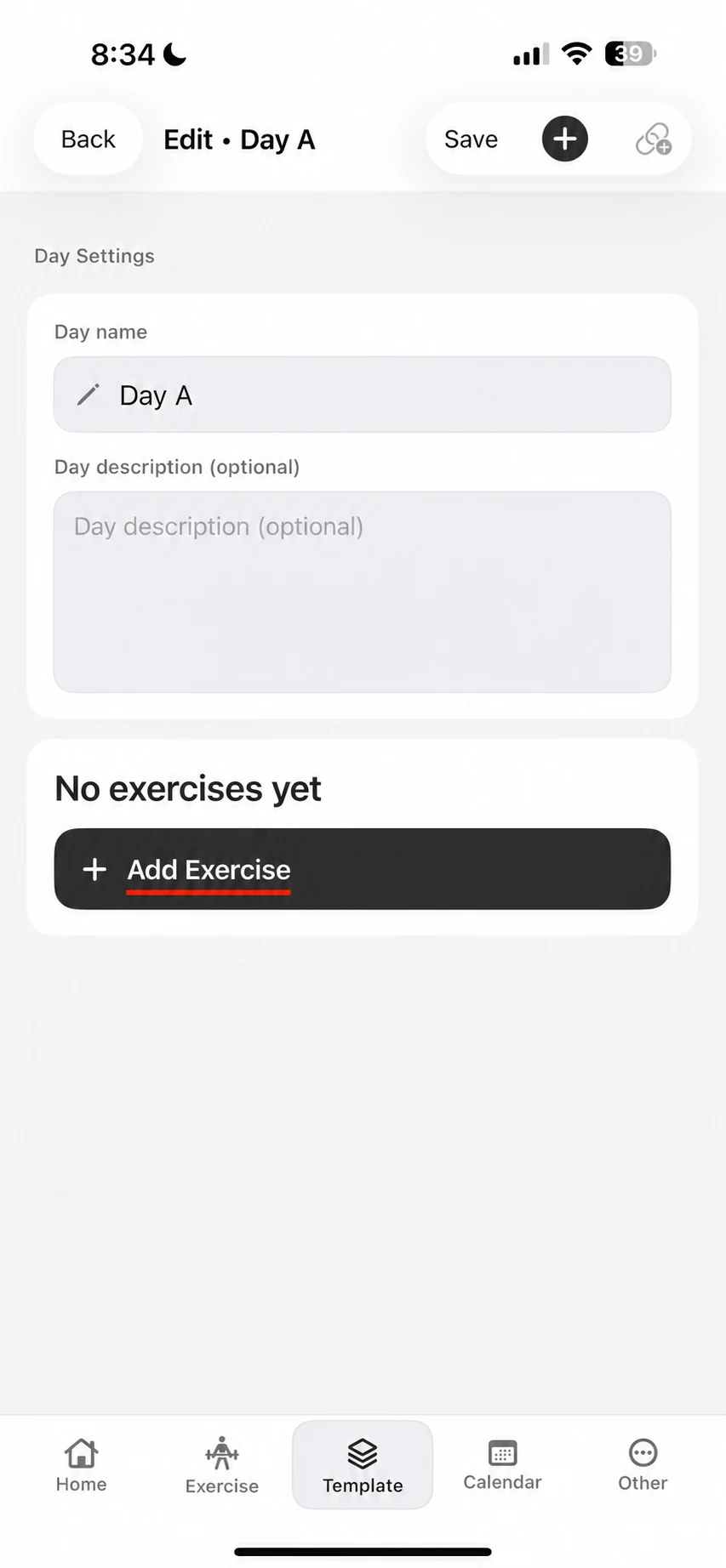 Empty Day A editor in Fitness Karma with an Add Exercise button.