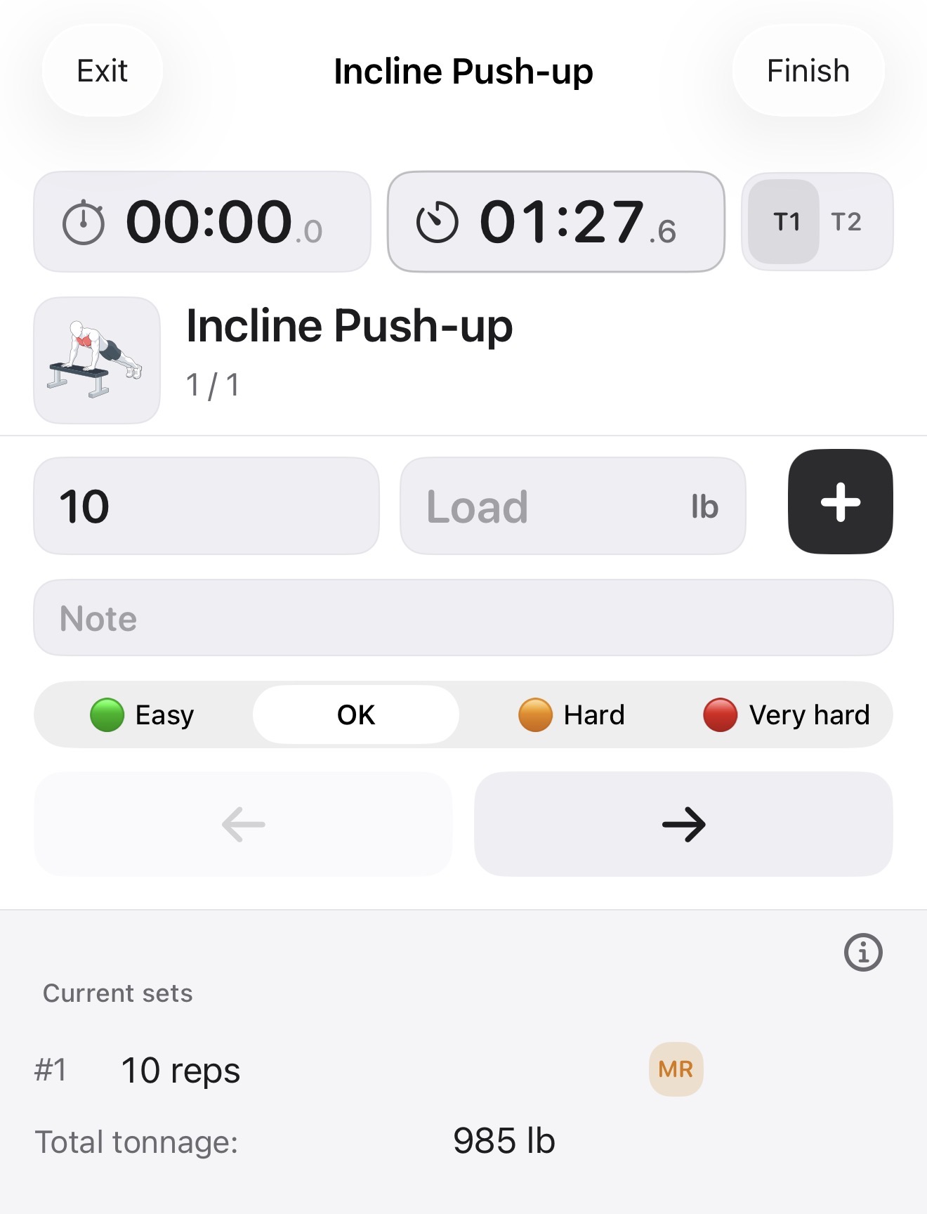 Fitness Karma active-workout screen for Incline Push-up, showing a logged 10-repetition set without an external load and the resulting total tonnage.