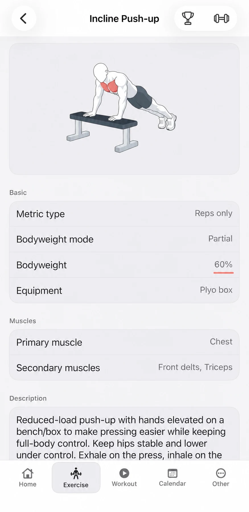 Fitness Karma exercise-details screen for a named system partial-bodyweight exercise, showing its bodyweight mode and stored bodyweight percentage.
