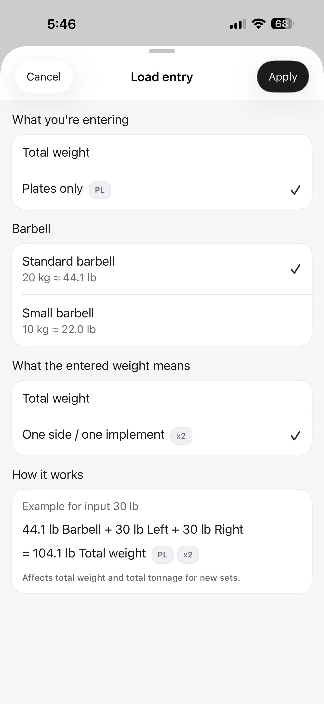 Fitness Karma Load entry screen showing Plates only selected, a Standard barbell preset of 20 kg, One side / one implement selected, and an example resolved total for a 30 lb entry.