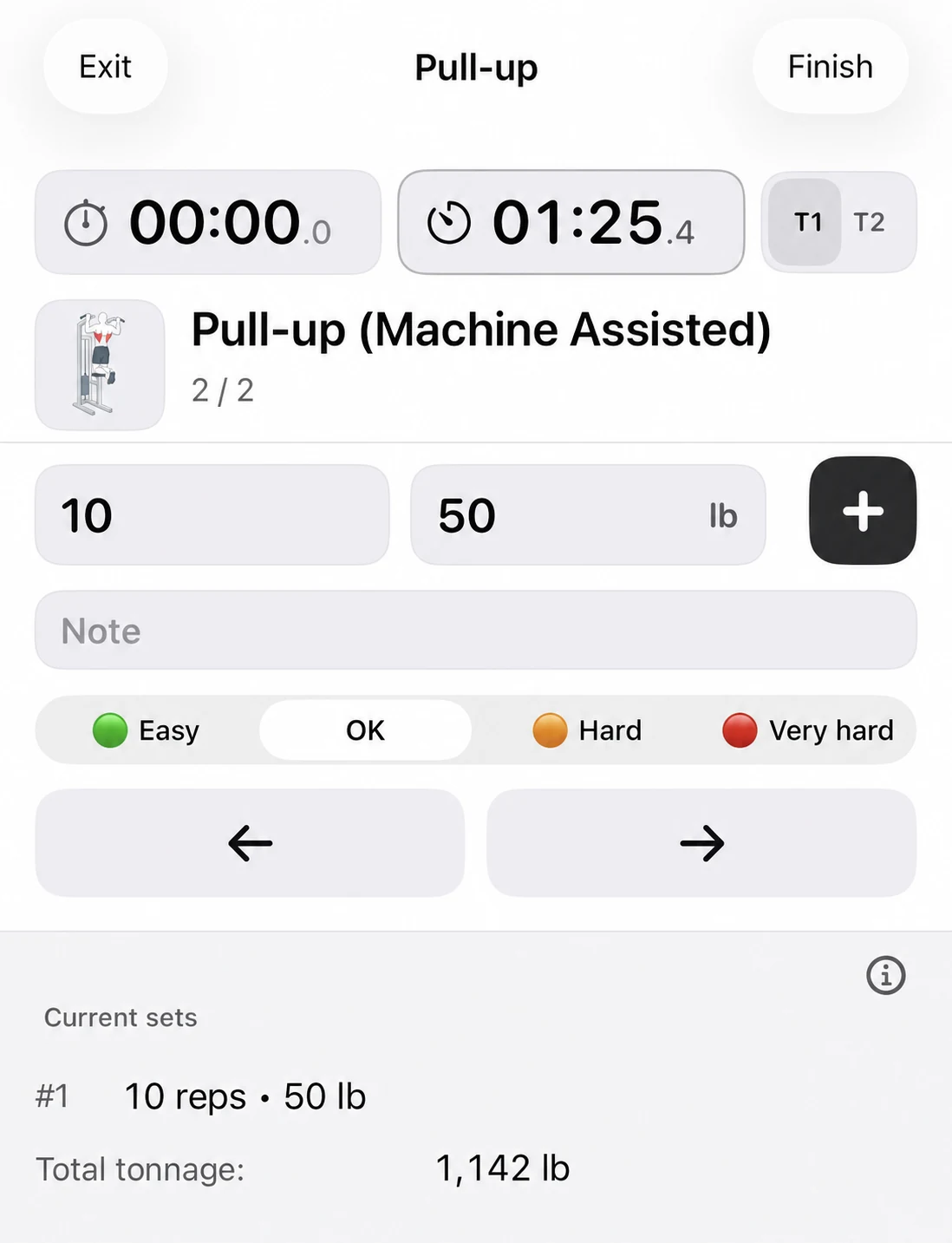 Fitness Karma active-workout screen for a machine-assisted pull-up or dip, showing the entered machine assistance and a logged assisted set.
