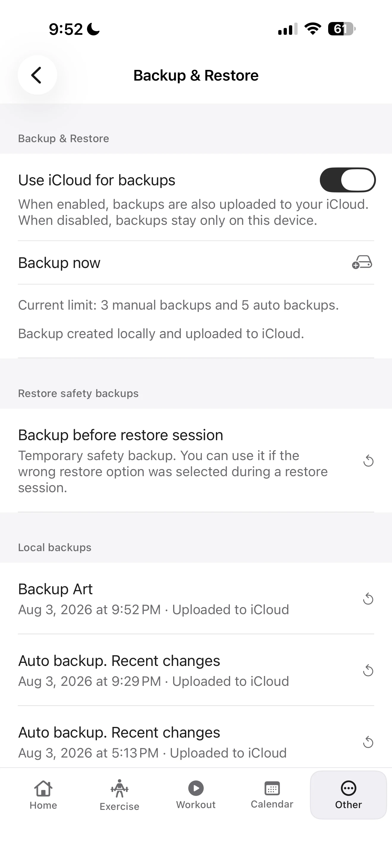 Fitness Karma Backup & Restore screen confirming that a manual backup was created locally and uploaded to iCloud.