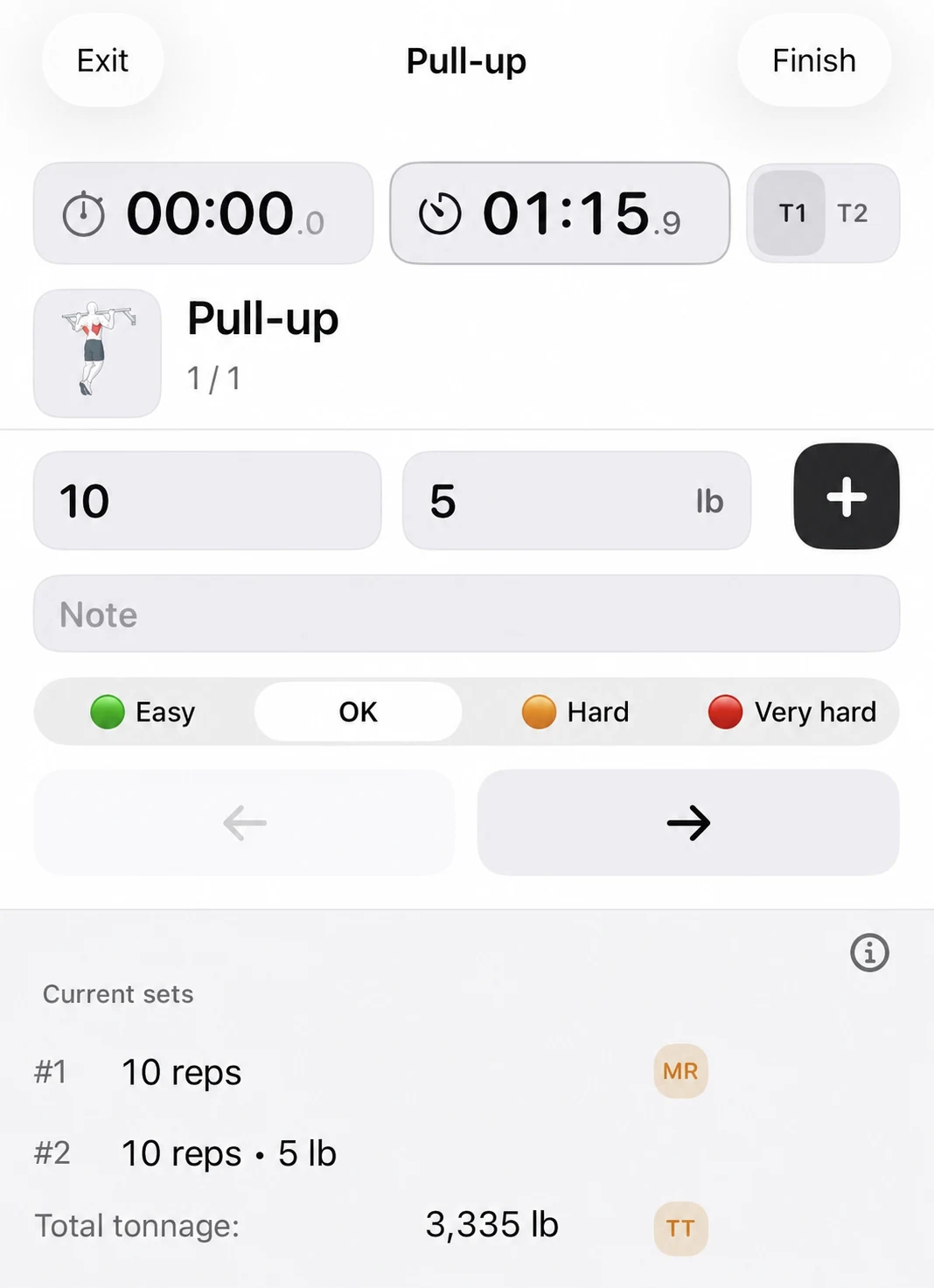 Fitness Karma active-workout screen for a weighted pull-up or weighted dip, showing a logged set, its entered external weight, and the relevant bodyweight-based record.