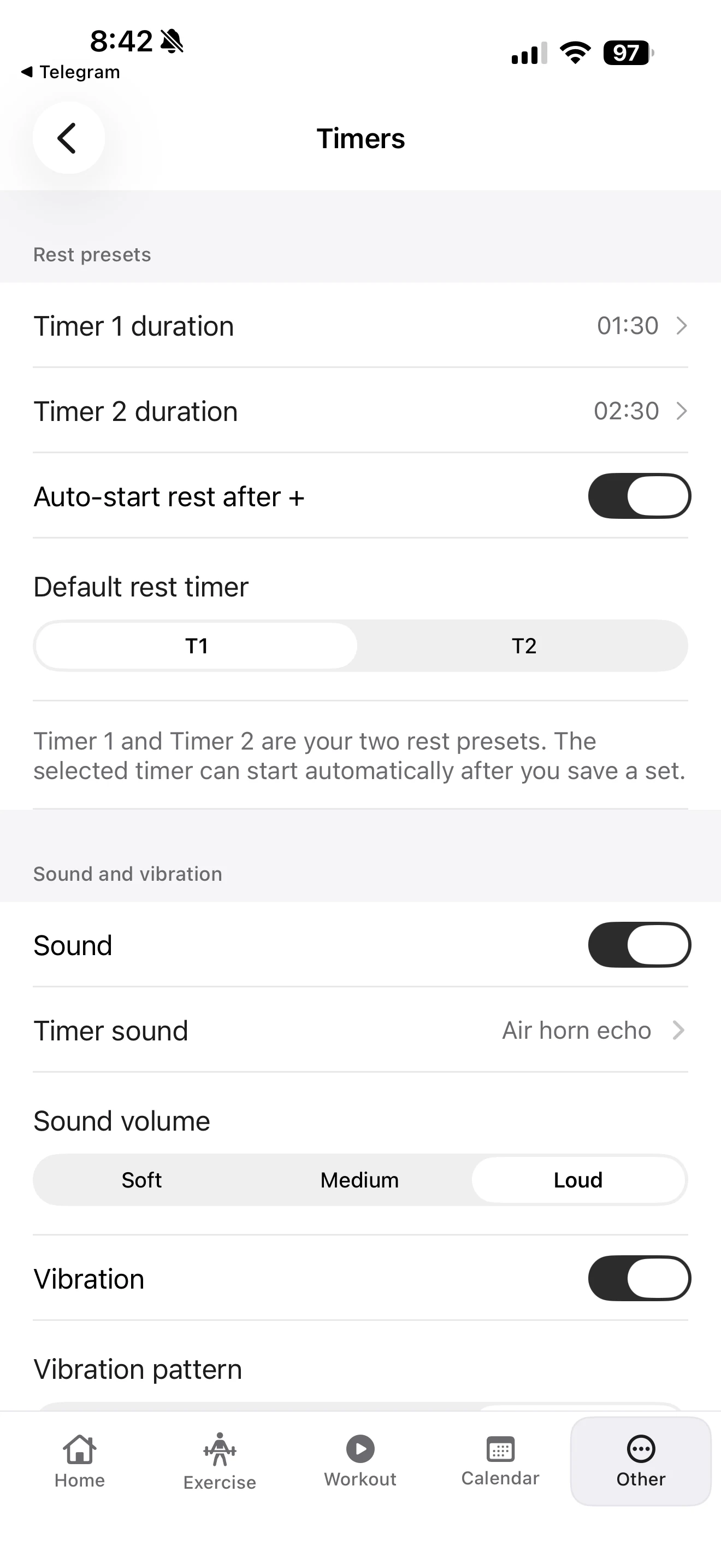 Fitness Karma Timers settings showing Timer 1 set to 1 minute 30 seconds, Timer 2 set to 2 minutes 30 seconds, Auto-start rest after plus enabled, Timer 1 selected by default, and sound and vibration controls.