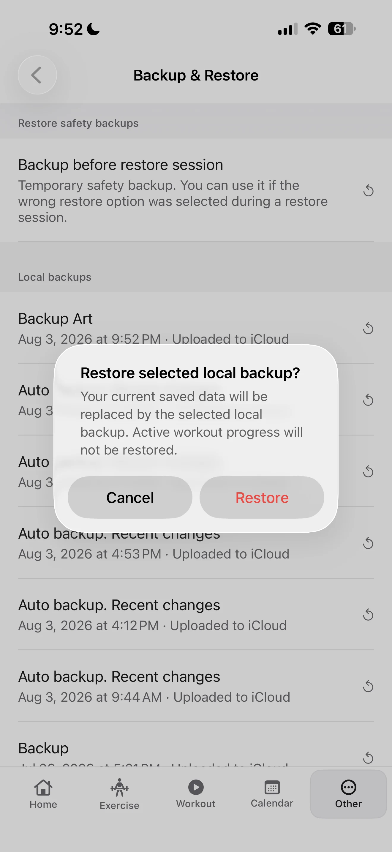 Confirmation dialog in Fitness Karma explaining that restoring a local backup replaces current saved data and does not restore active workout progress.