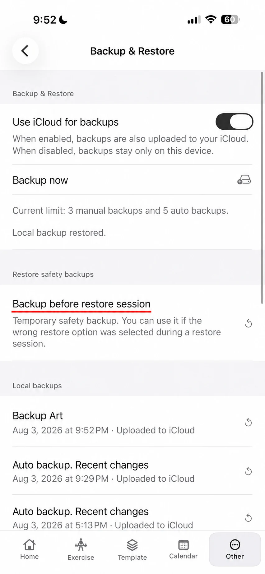 Fitness Karma Backup & Restore screen showing the local Backup before restore session safety backup underlined.