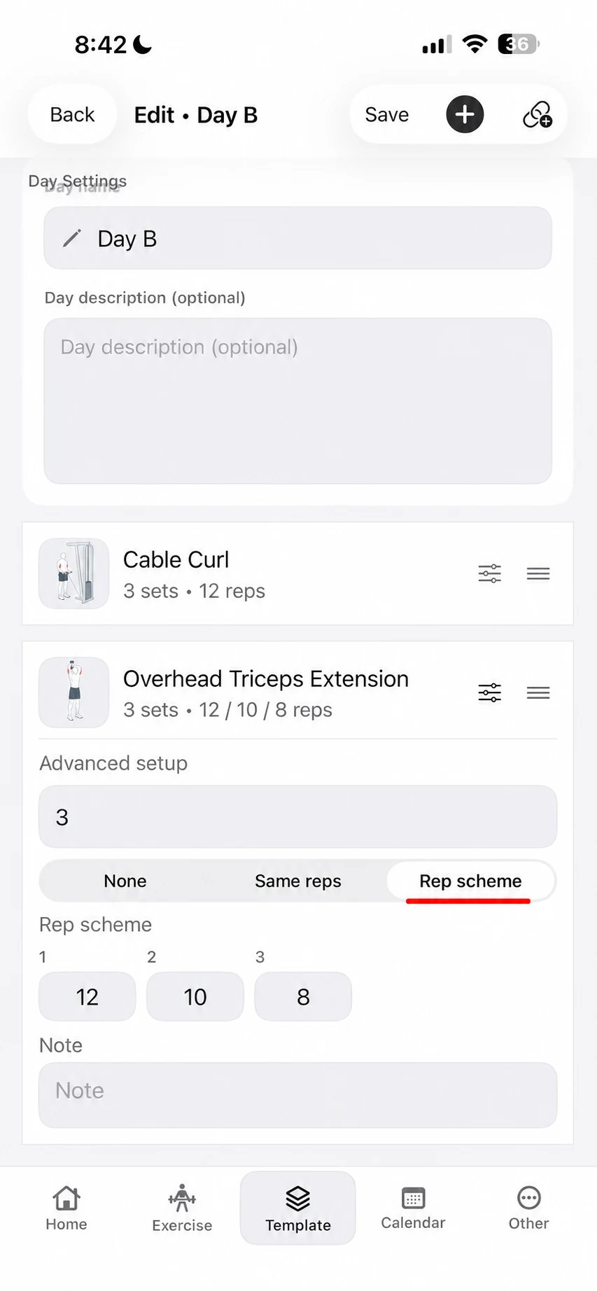 Advanced setup for Overhead Triceps Extension showing a three-set rep scheme of 12, 10, and 8 reps.