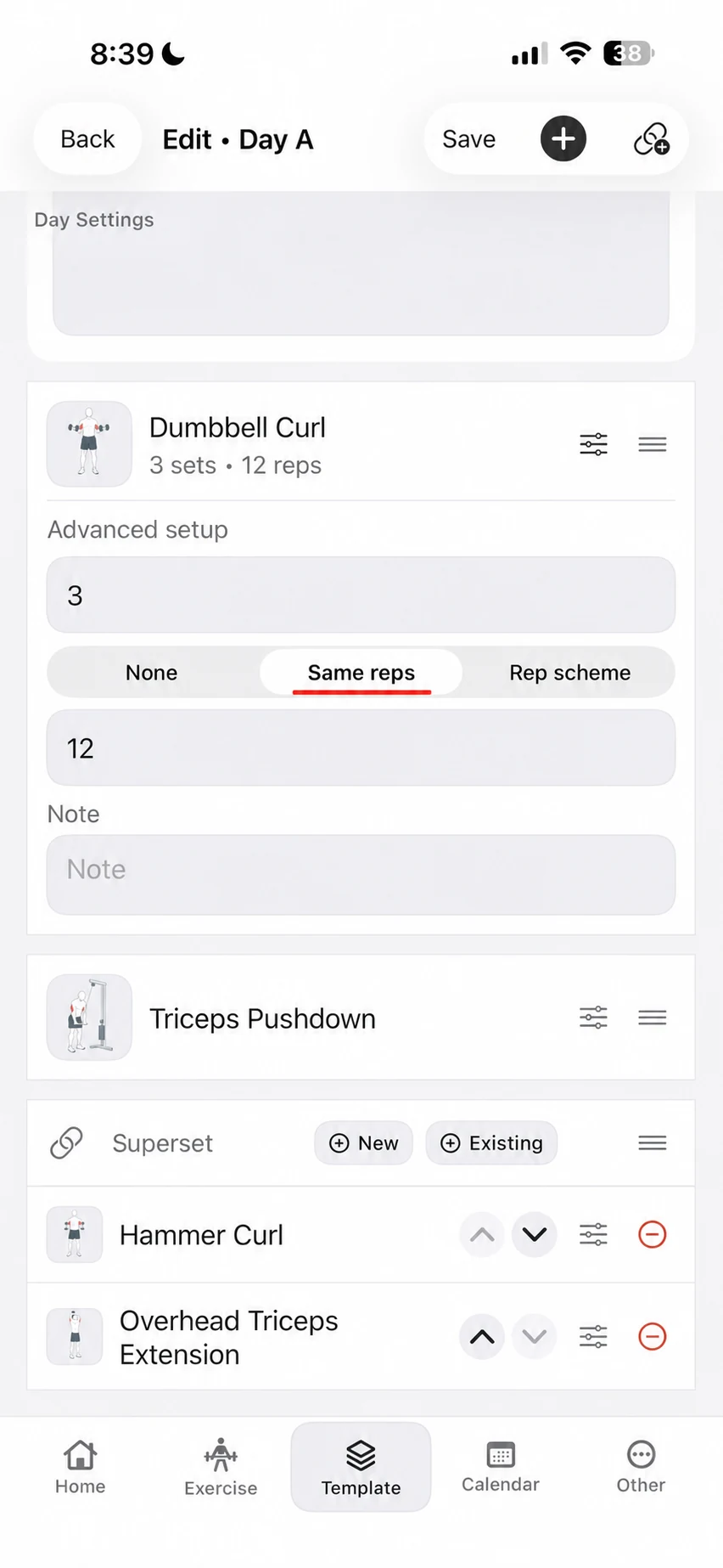 Advanced setup for Dumbbell Curl in a Fitness Karma template with three sets and Same reps set to 12.