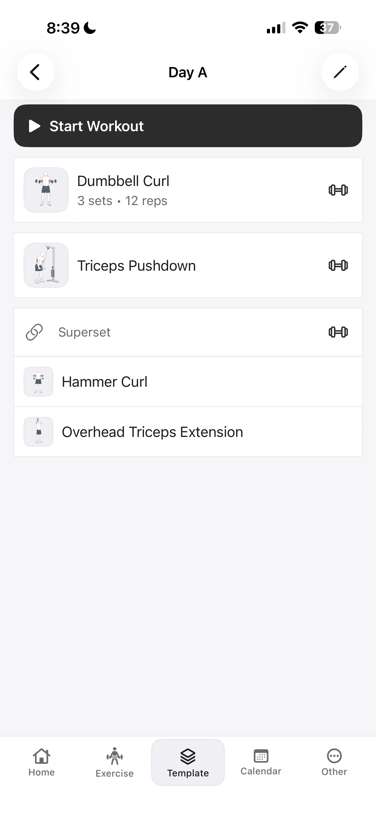 Completed Day A in Fitness Karma with a Start Workout button, individual exercises, and a superset group.