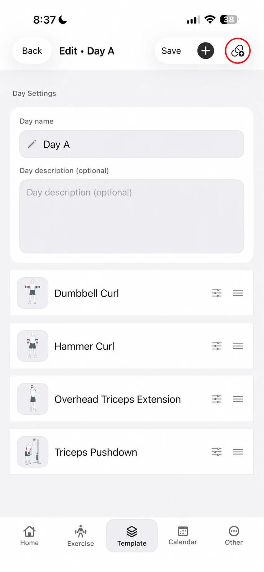 Day A editor in Fitness Karma with the linked-circles superset creation icon highlighted beside the plus button.